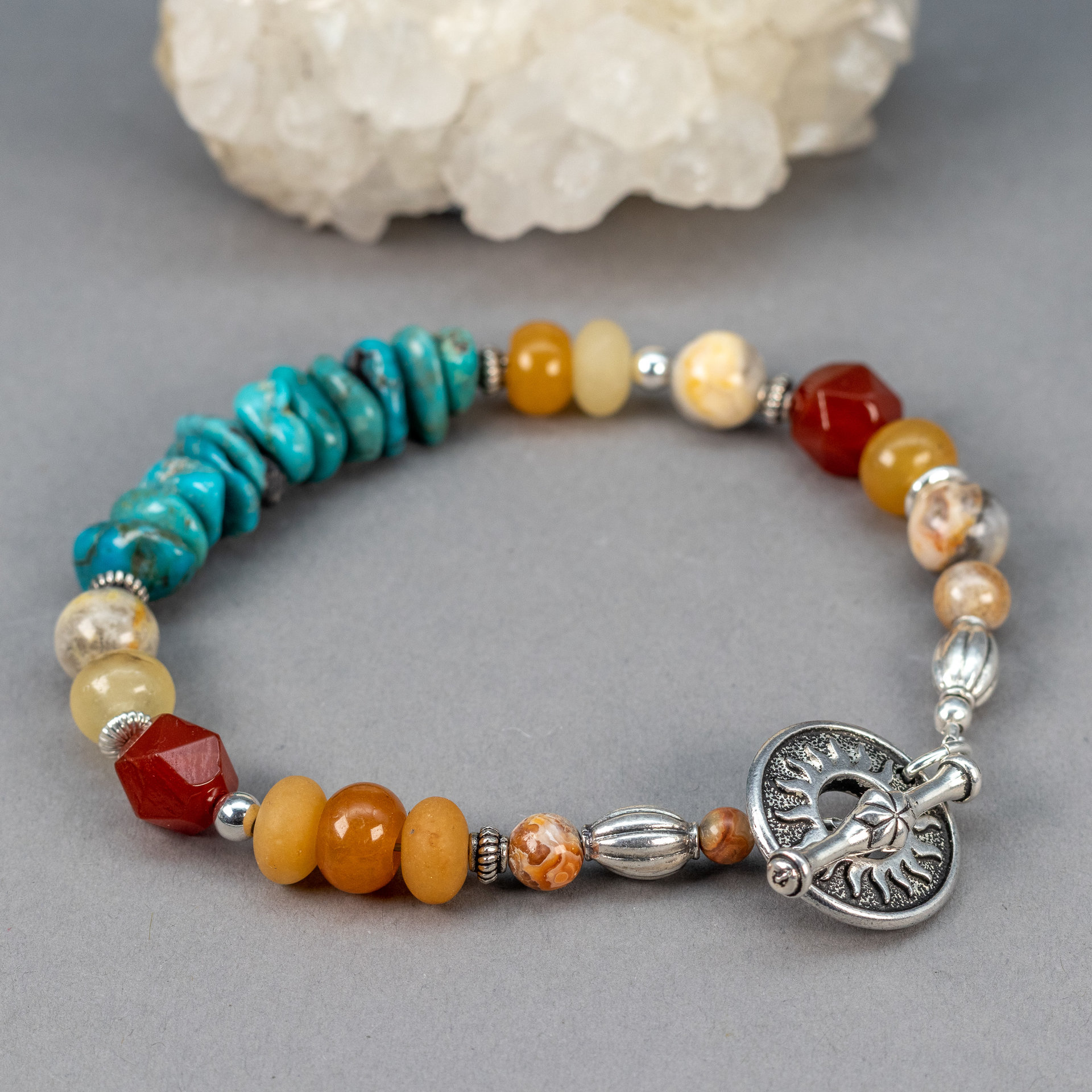 Turquoise and Orange Stone Bracelet is a Single Strand