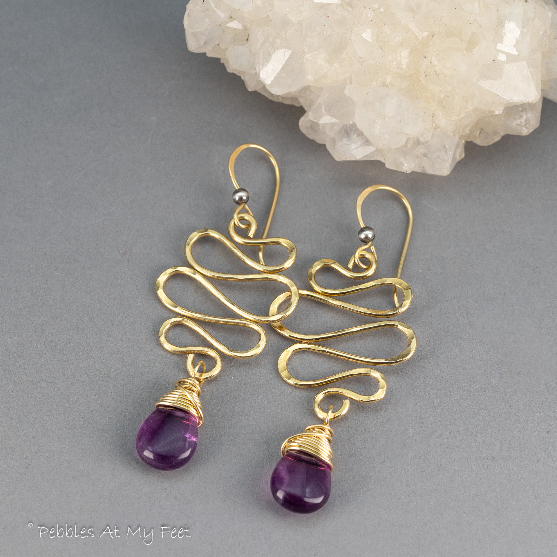 Golden Brass Wire Squiggle Earrings, Organic Dangle Earrings with Purple Fluorite Gemstone