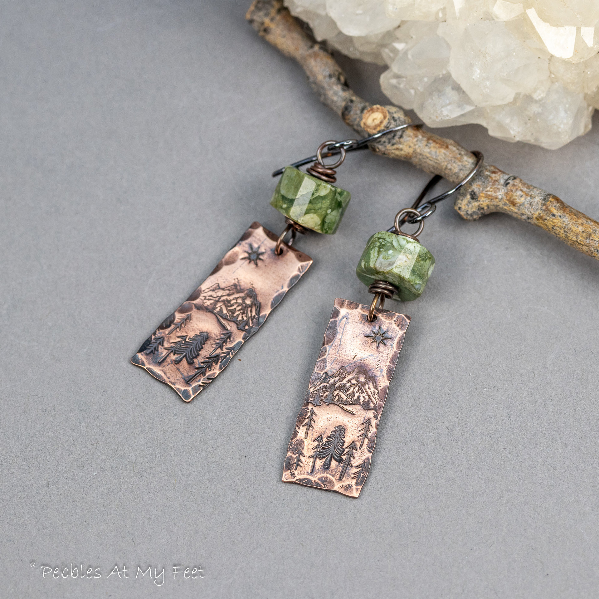 Mountain Vista Handmade Copper Charm Earrings with Green Rhyolite Natural Stones