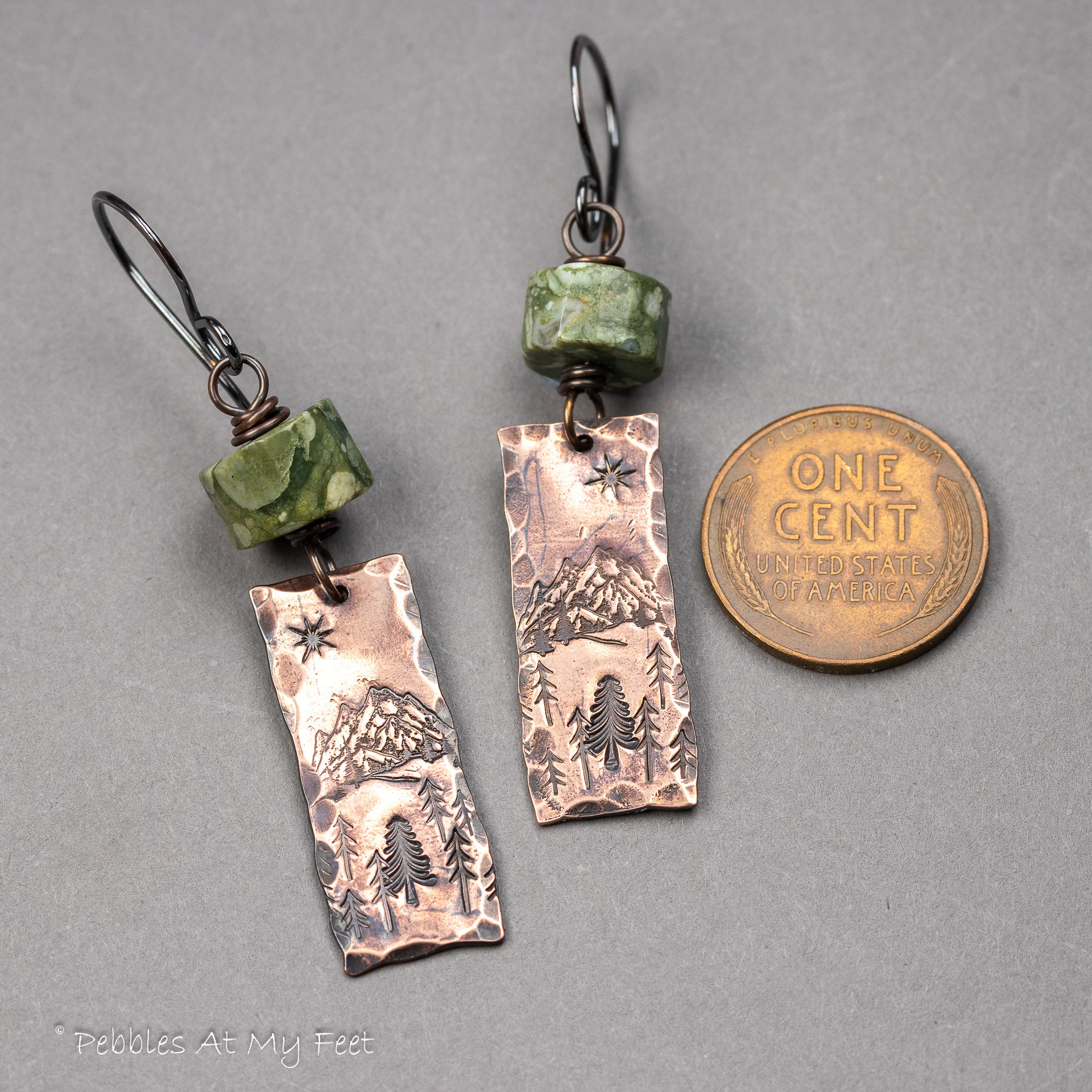 Mountain Vista Handmade Copper Charm Earrings with Green Rhyolite Natural Stones