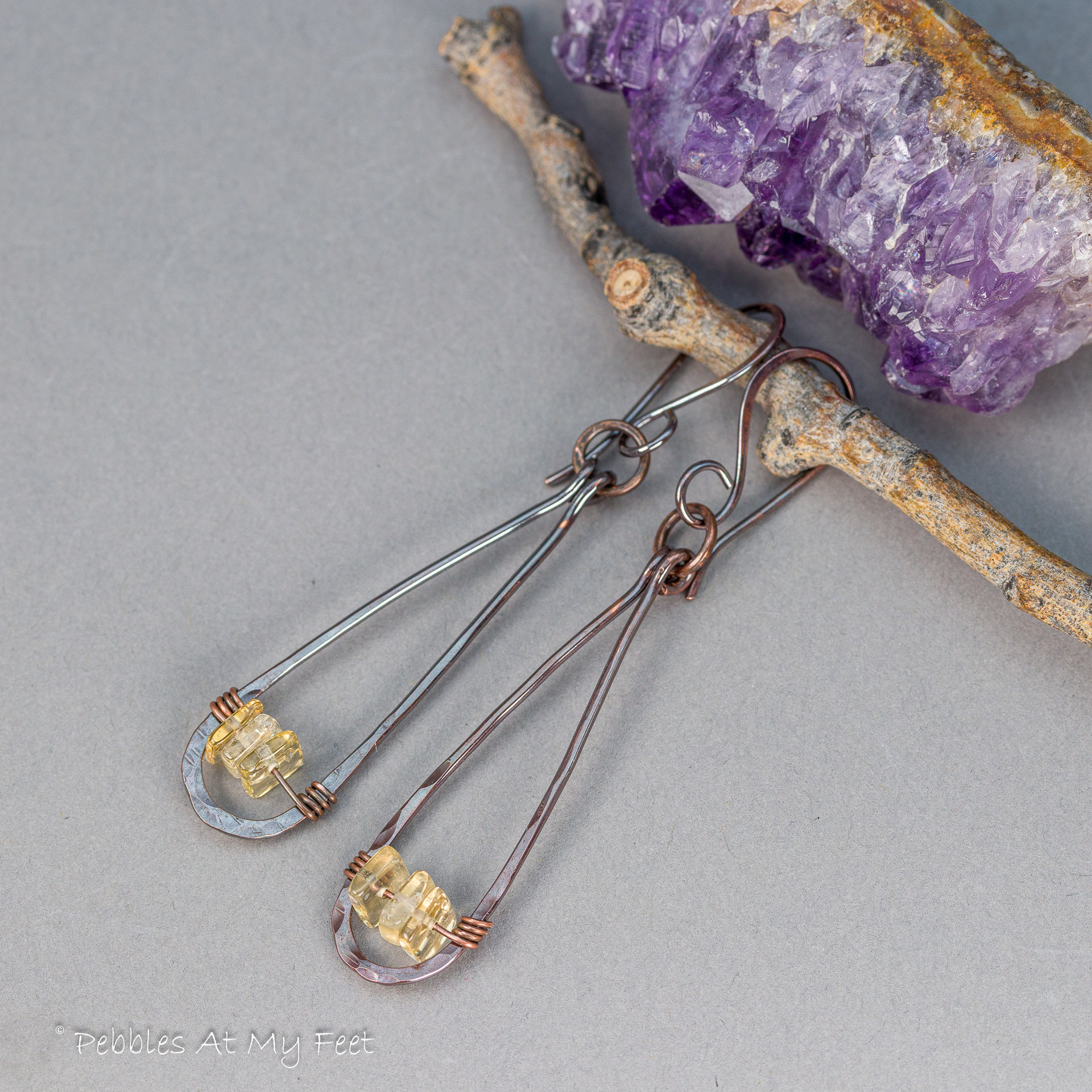 Copper Teardrop Earrings with Citrine Natural Stones