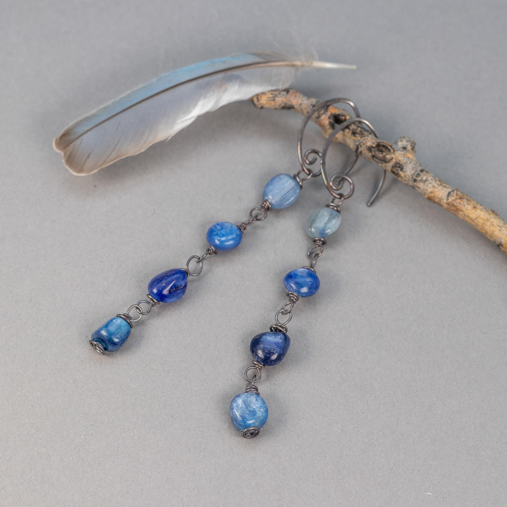 Rustic Kyanite Linear Earrings, Long Dangle Earrings with Blue Kyanite Wire Wrapped Links