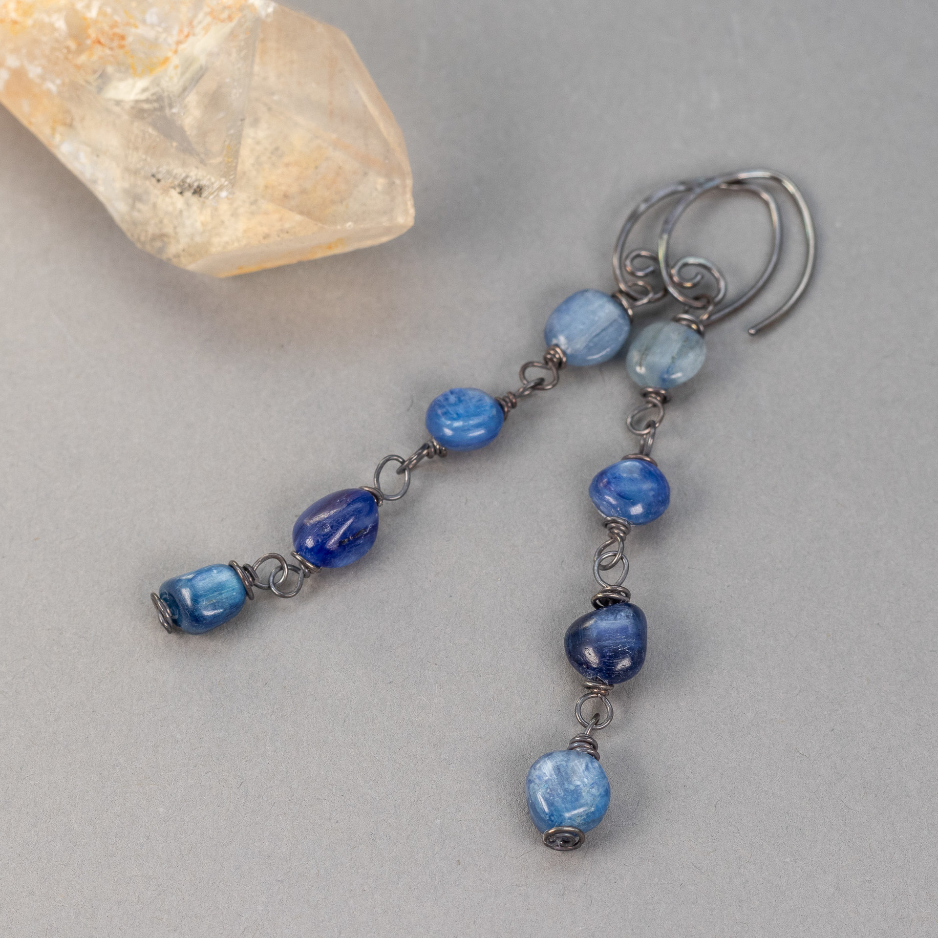 Rustic Kyanite Linear Earrings, Long Dangle Earrings with Blue Kyanite Wire Wrapped Links