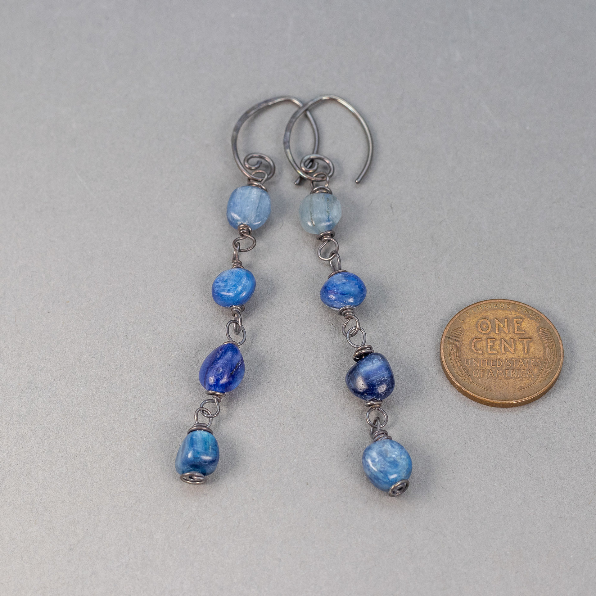 Rustic Kyanite Linear Earrings, Long Dangle Earrings with Blue Kyanite Wire Wrapped Links