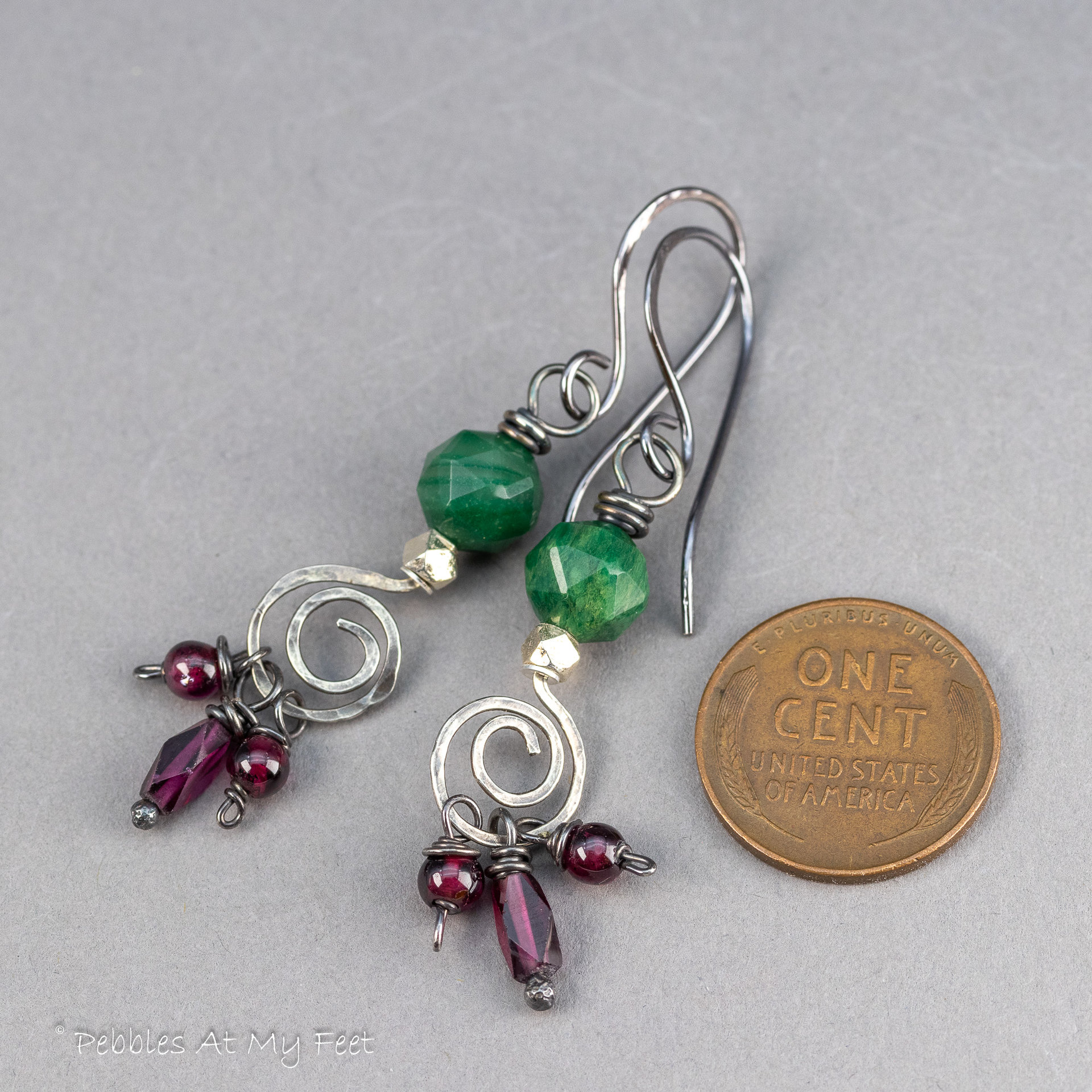 Red and Green Natural Gemstone Earrings, Rustic Silver Earrings with Verdite and Garnets