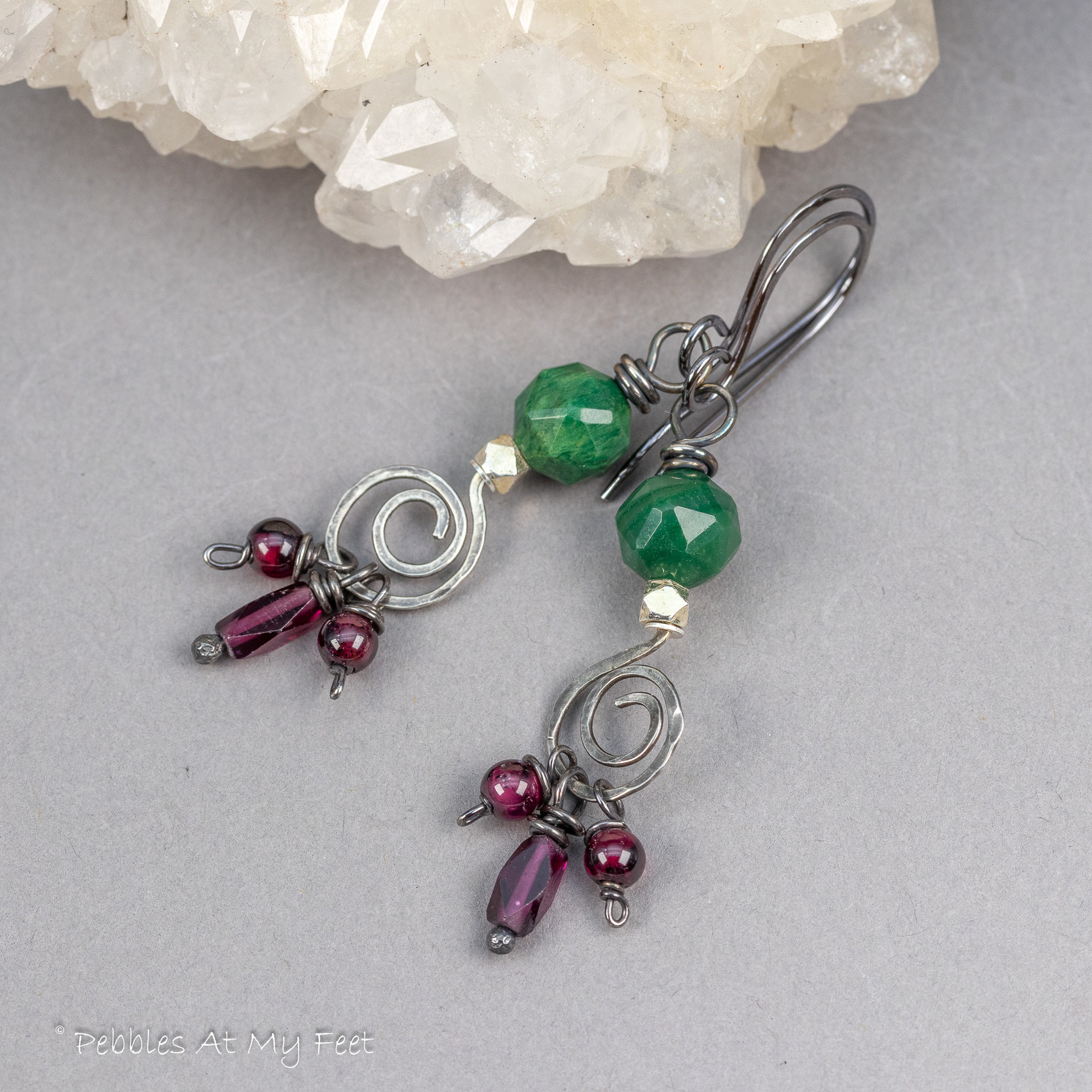 Red and Green Natural Gemstone Earrings, Rustic Silver Earrings with Verdite and Garnets