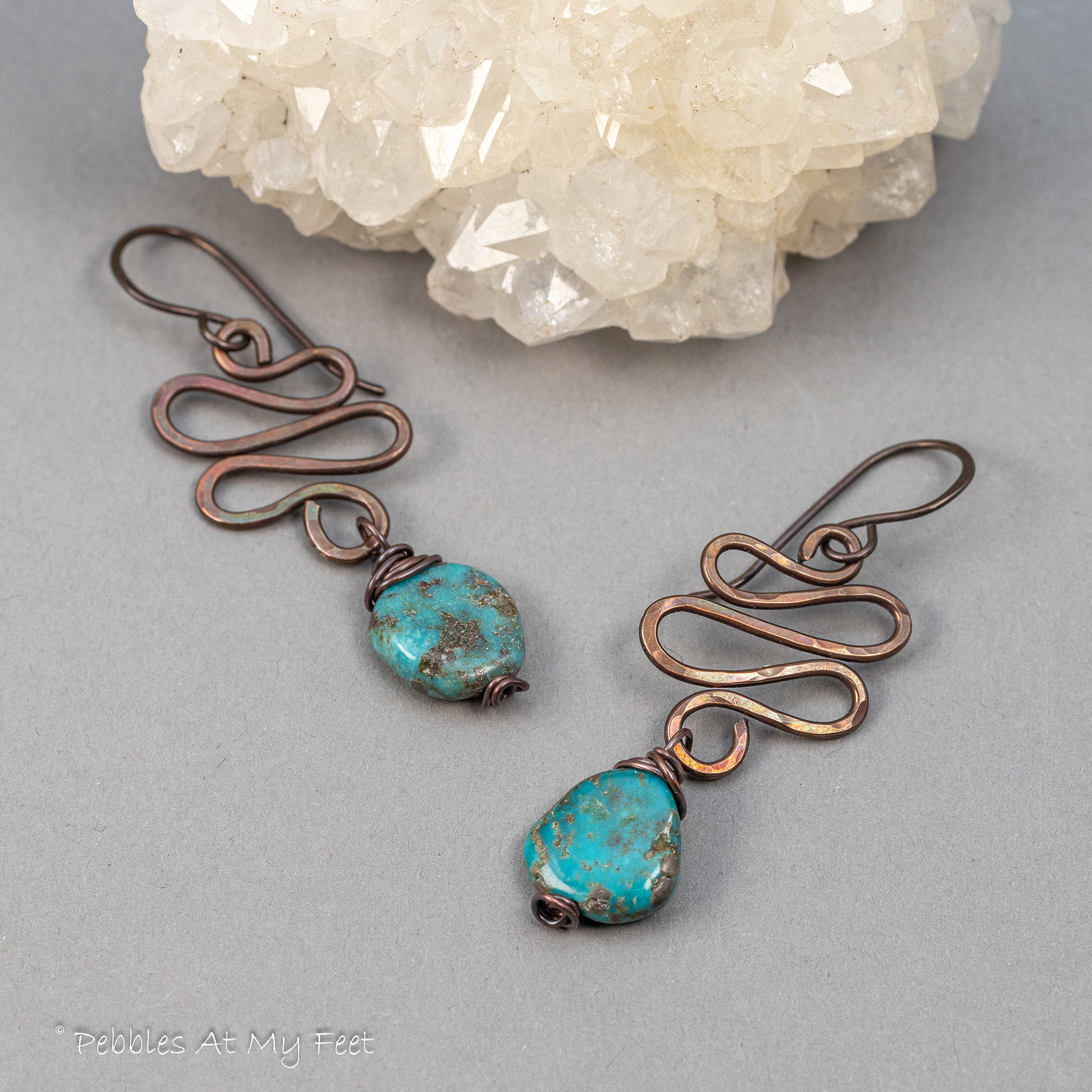 Copper Squiggle Wire Work Dangle Earrings with Genuine Turquoise Stone