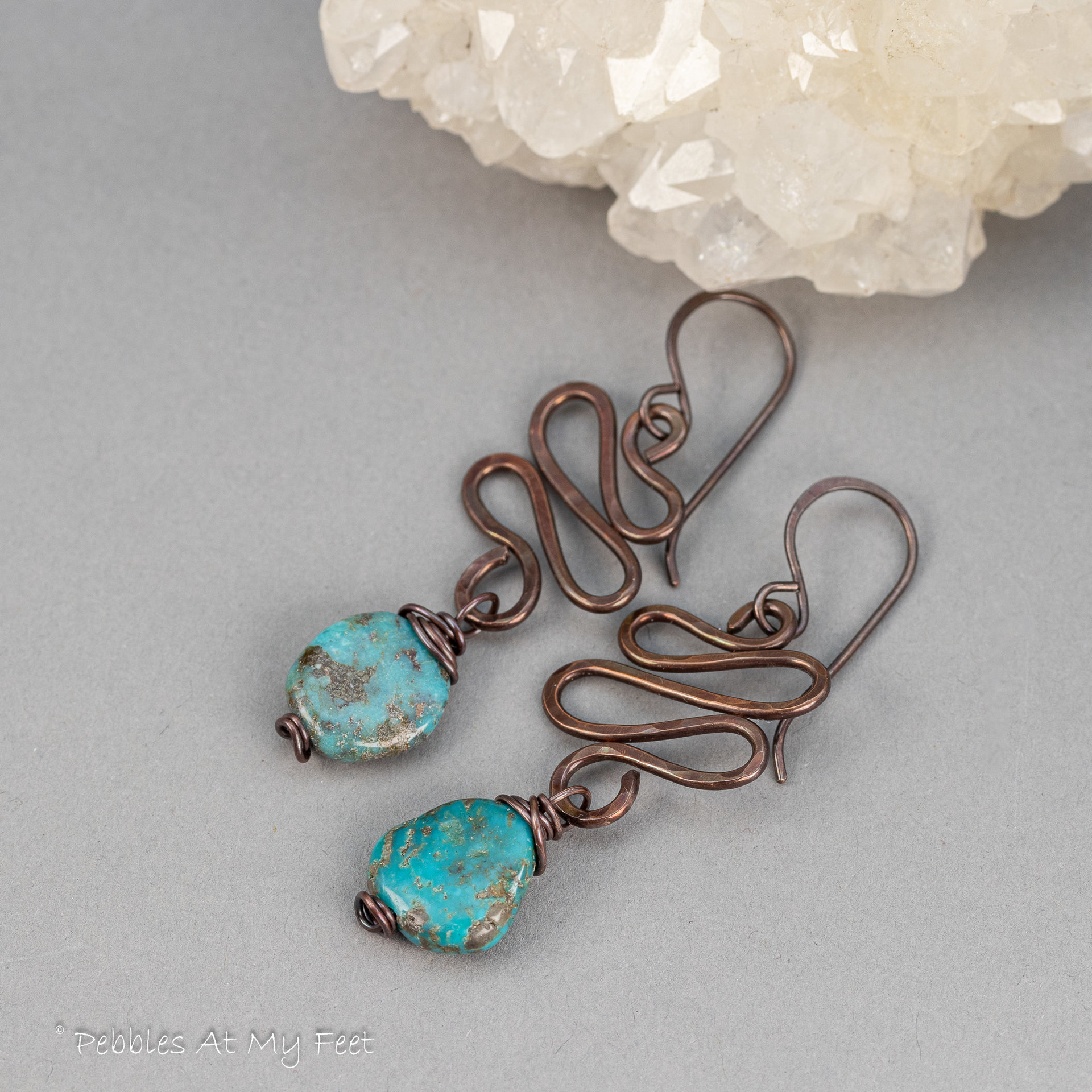 Copper Squiggle Wire Work Dangle Earrings with Genuine Turquoise Stone