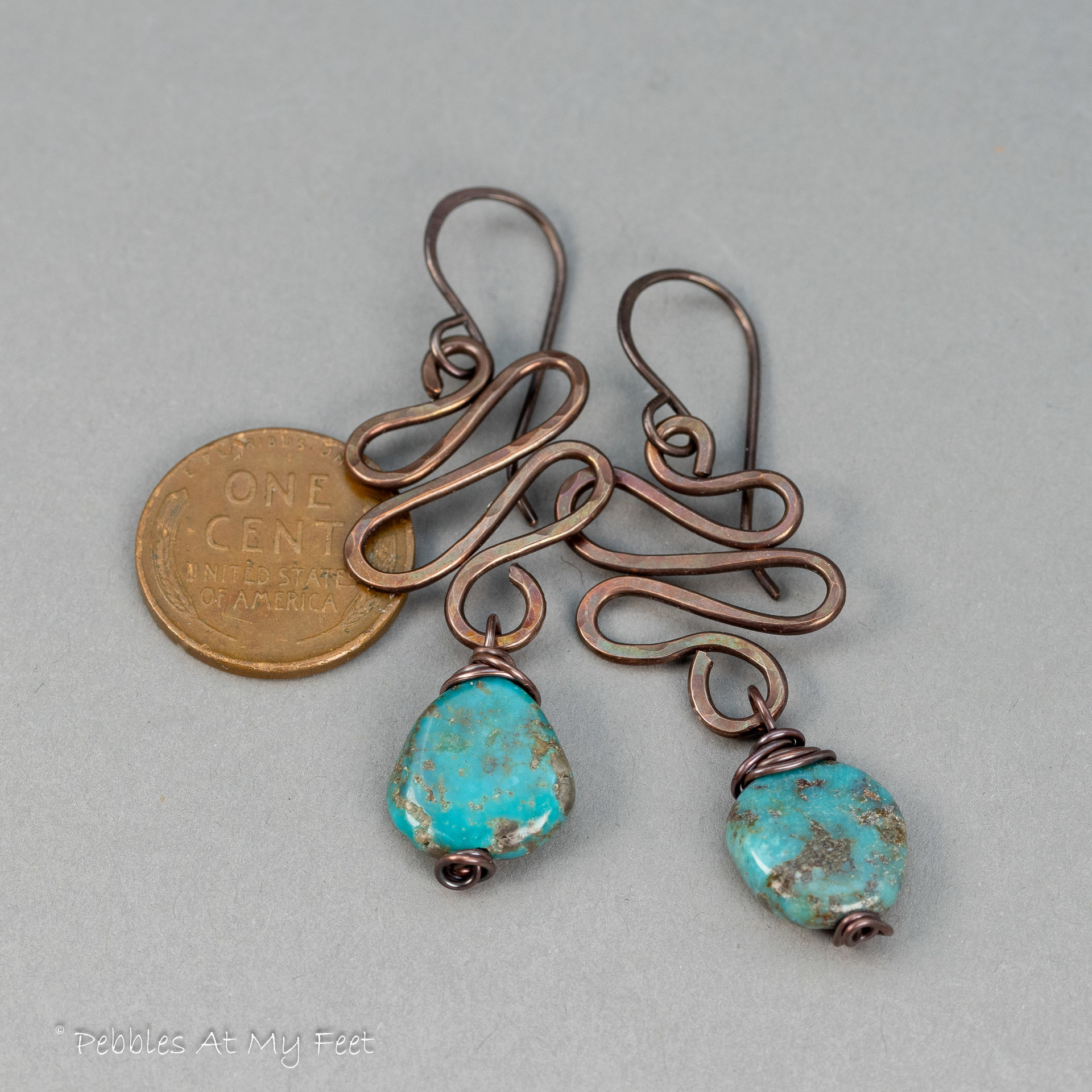 Copper Squiggle Wire Work Dangle Earrings with Genuine Turquoise Stone