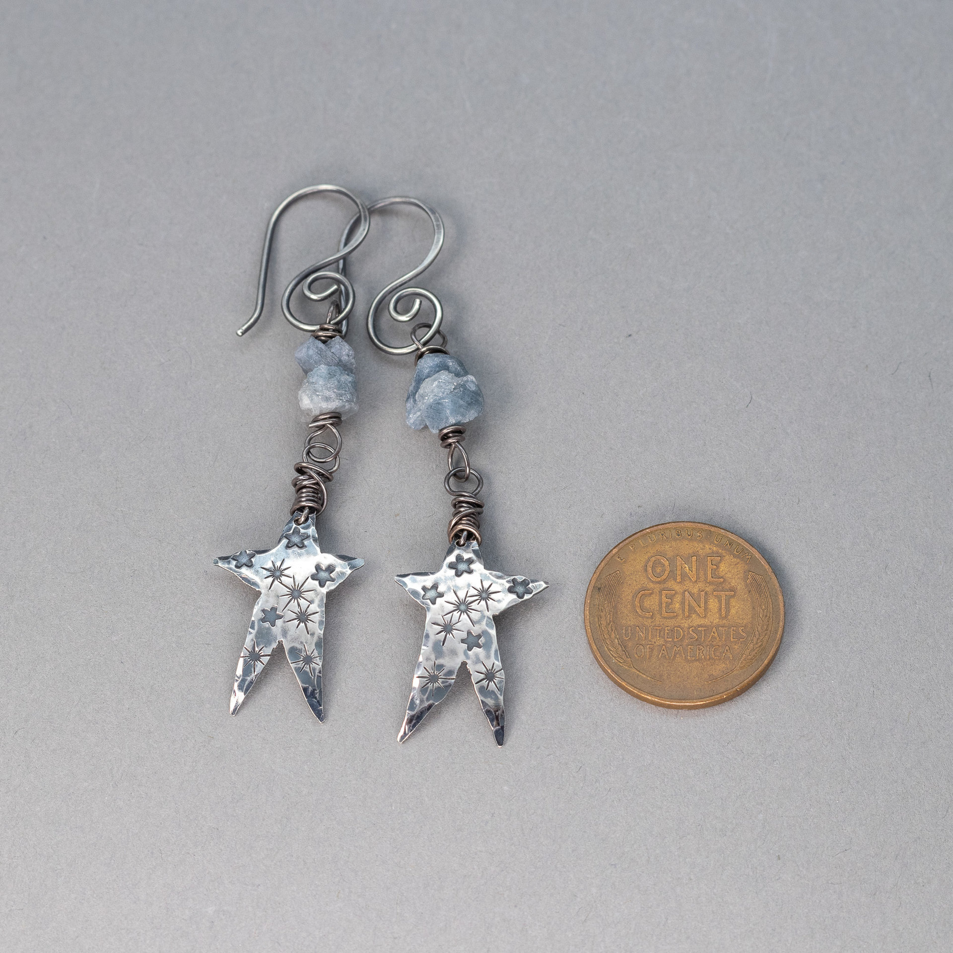 Raw Blue Sapphire Sterling Silver Star Dangle Earrings