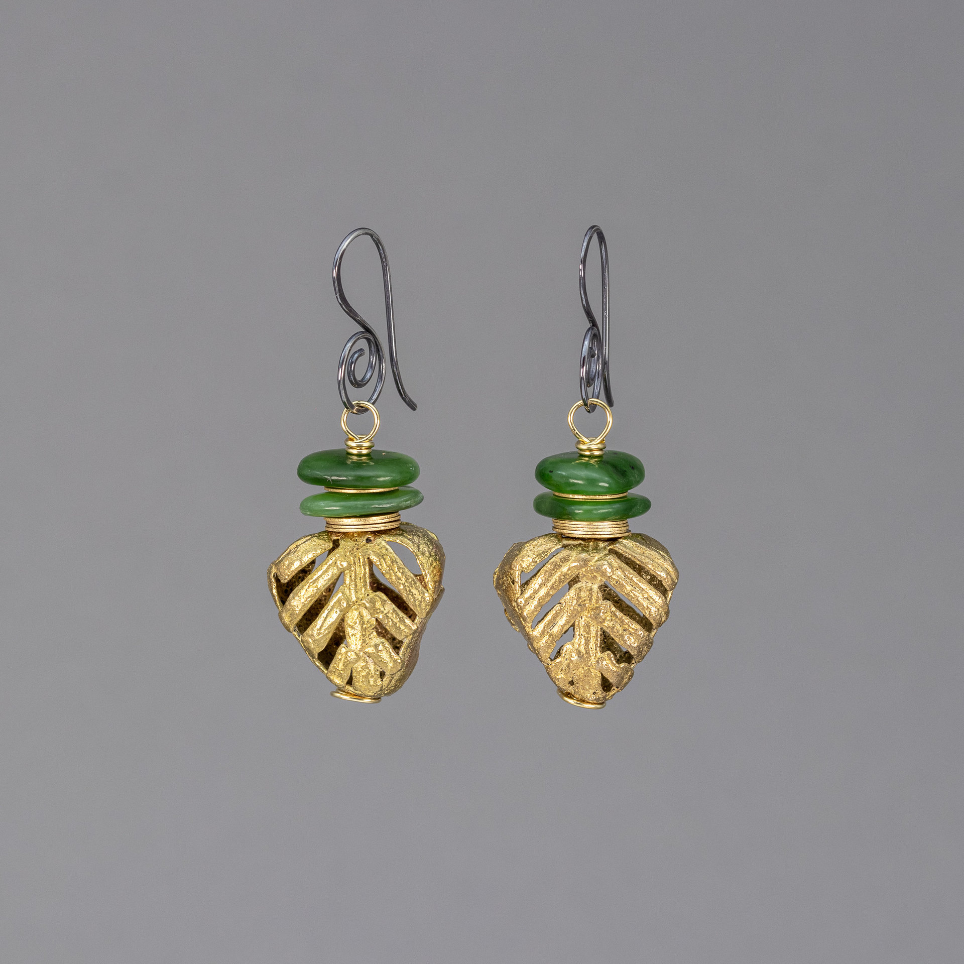 Golden Brass African Bead Earrings Accented with Green Jade