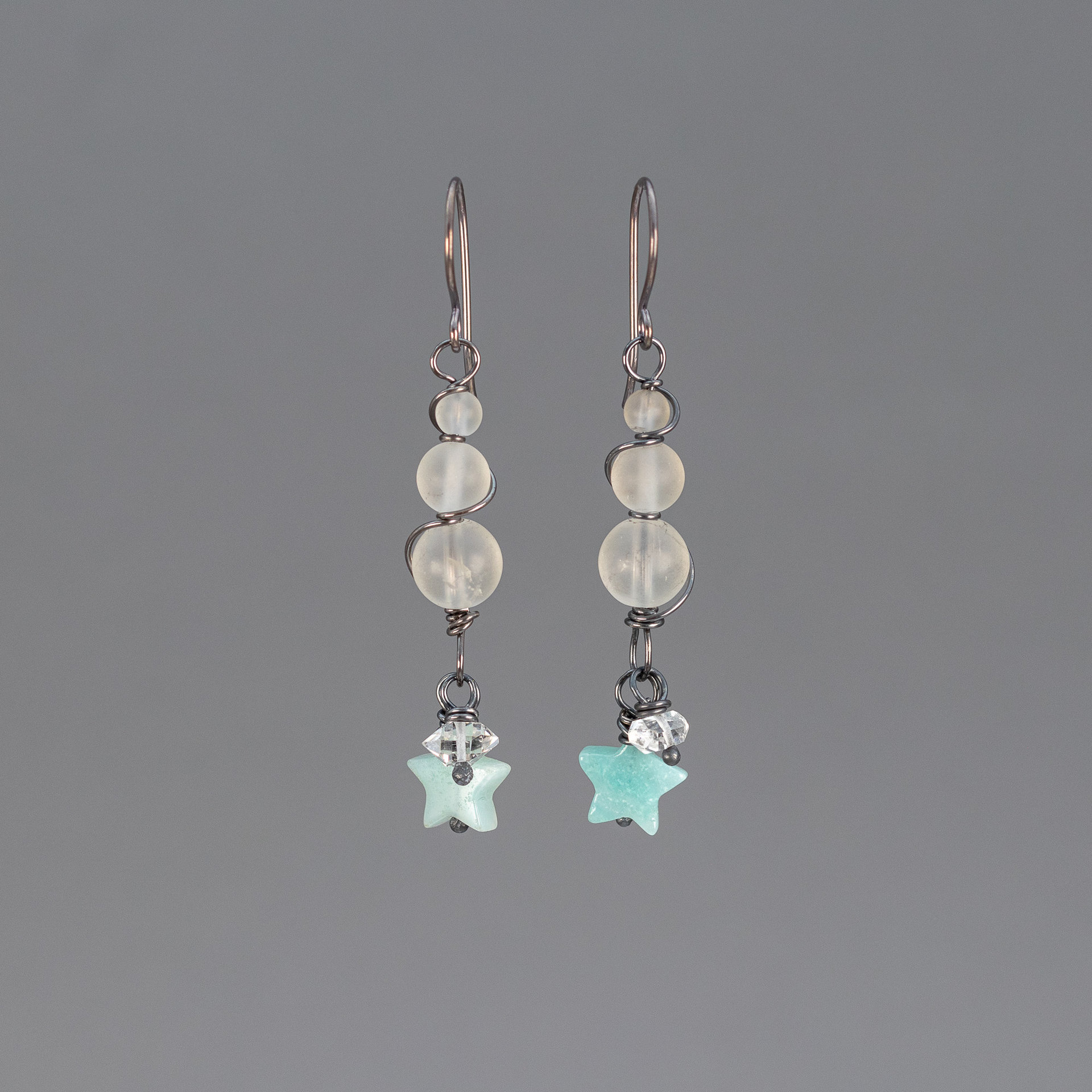 Natural Amazonite Star Earrings with Rock Crystal, Sterling Silver