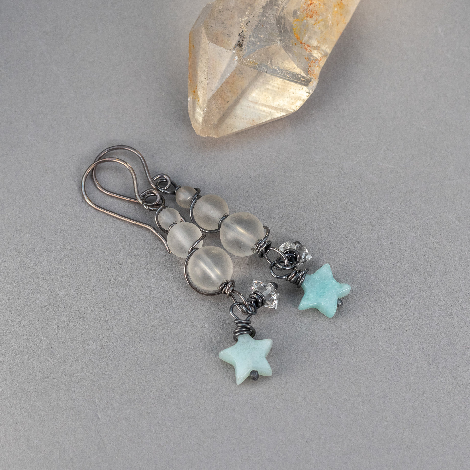 Natural Amazonite Star Earrings with Rock Crystal, Sterling Silver
