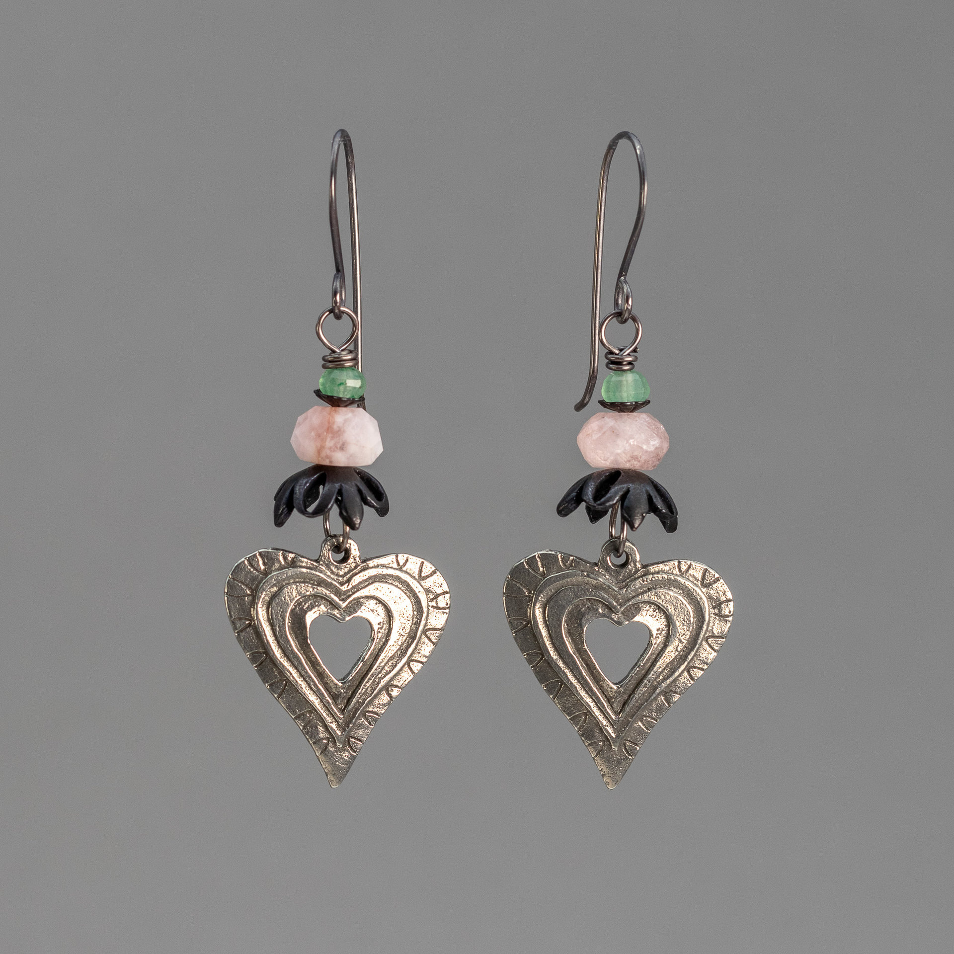 Rustic, Vintage-look Heart Earrings with Pewter Charms, Pink and Green Natural Gemstones
