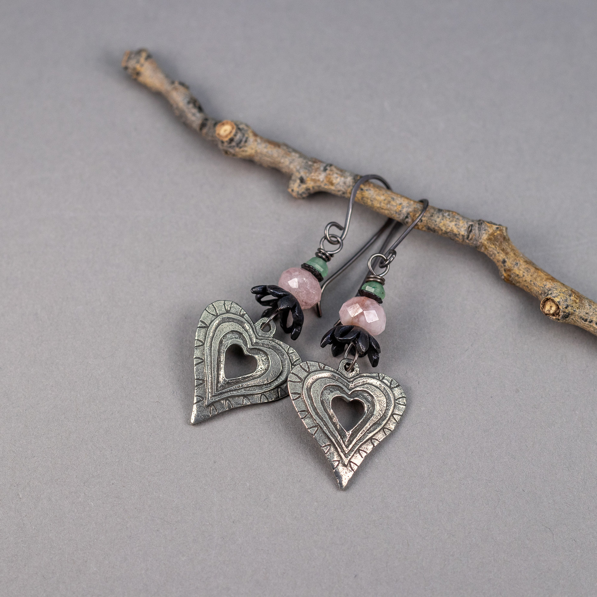 Rustic, Vintage-look Heart Earrings with Pewter Charms, Pink and Green Natural Gemstones