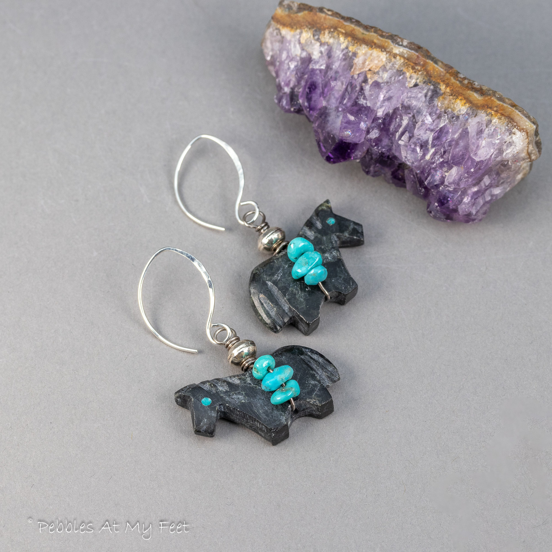 Black Horse Carved Stone Earrings with Genuine turquoise