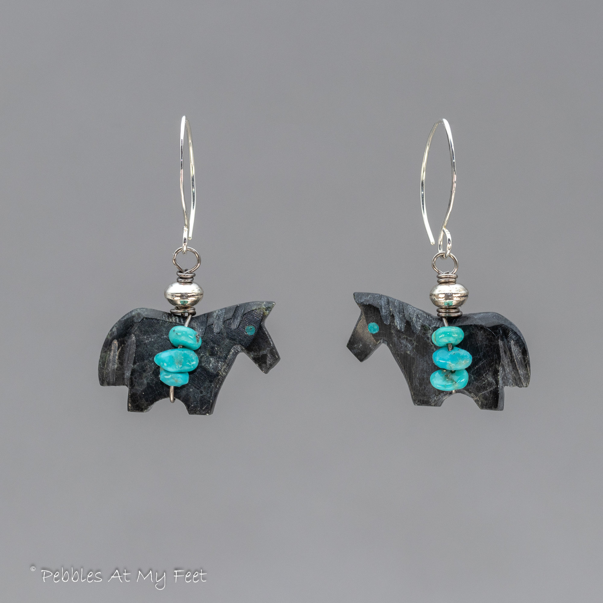 Black Horse Carved Stone Earrings with Genuine turquoise