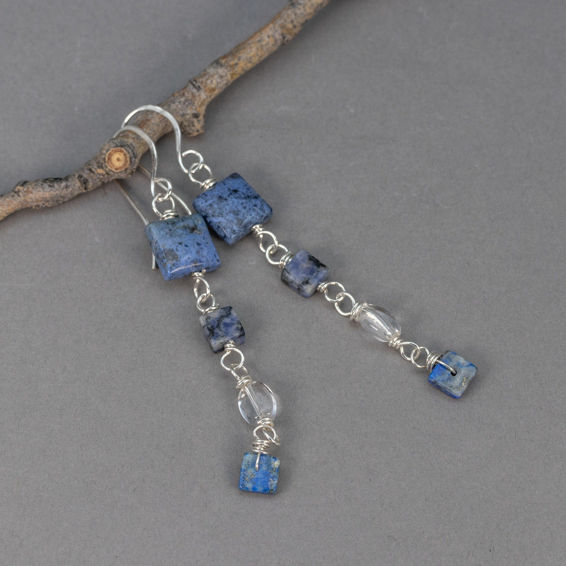 Blue Stone and Silver Linked Dangle Earrings in Sterling Silver