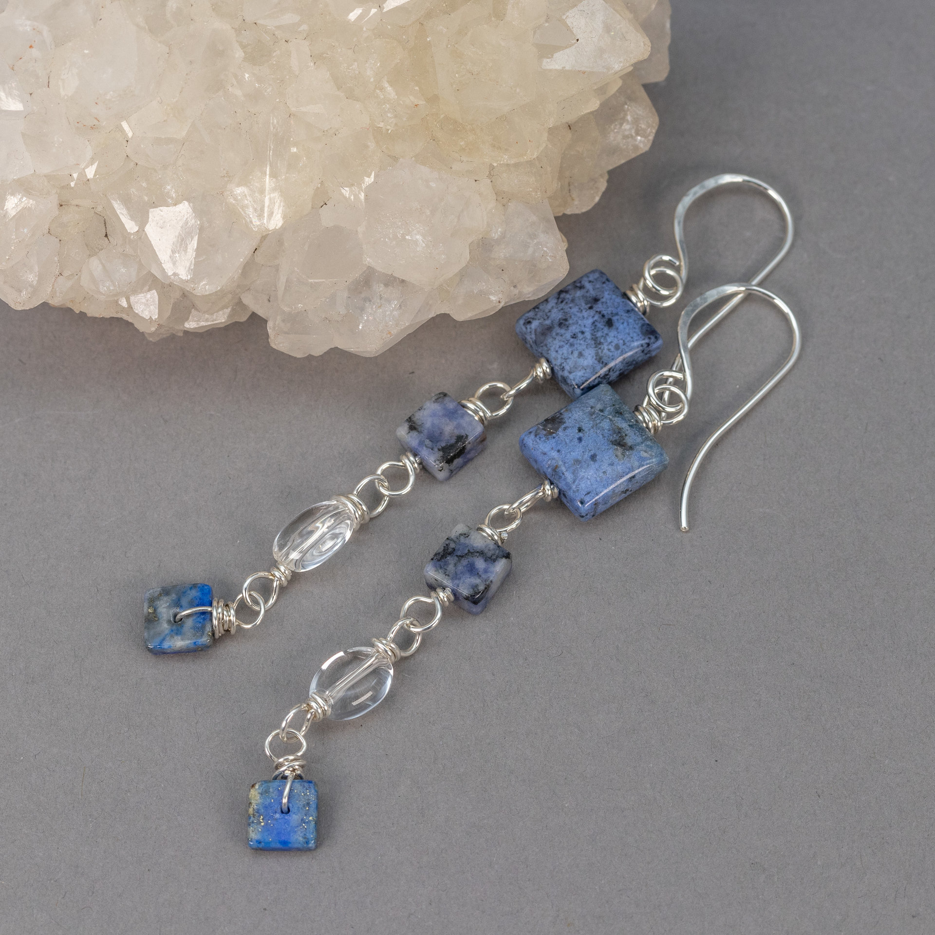 Blue Stone and Silver Linked Dangle Earrings in Sterling Silver