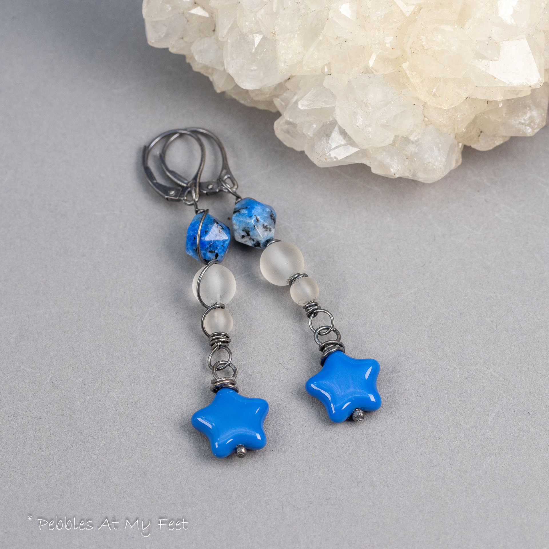 Blue Star Earrings with Glass Stars, K2 Stone, and Rock Crystal Quartz