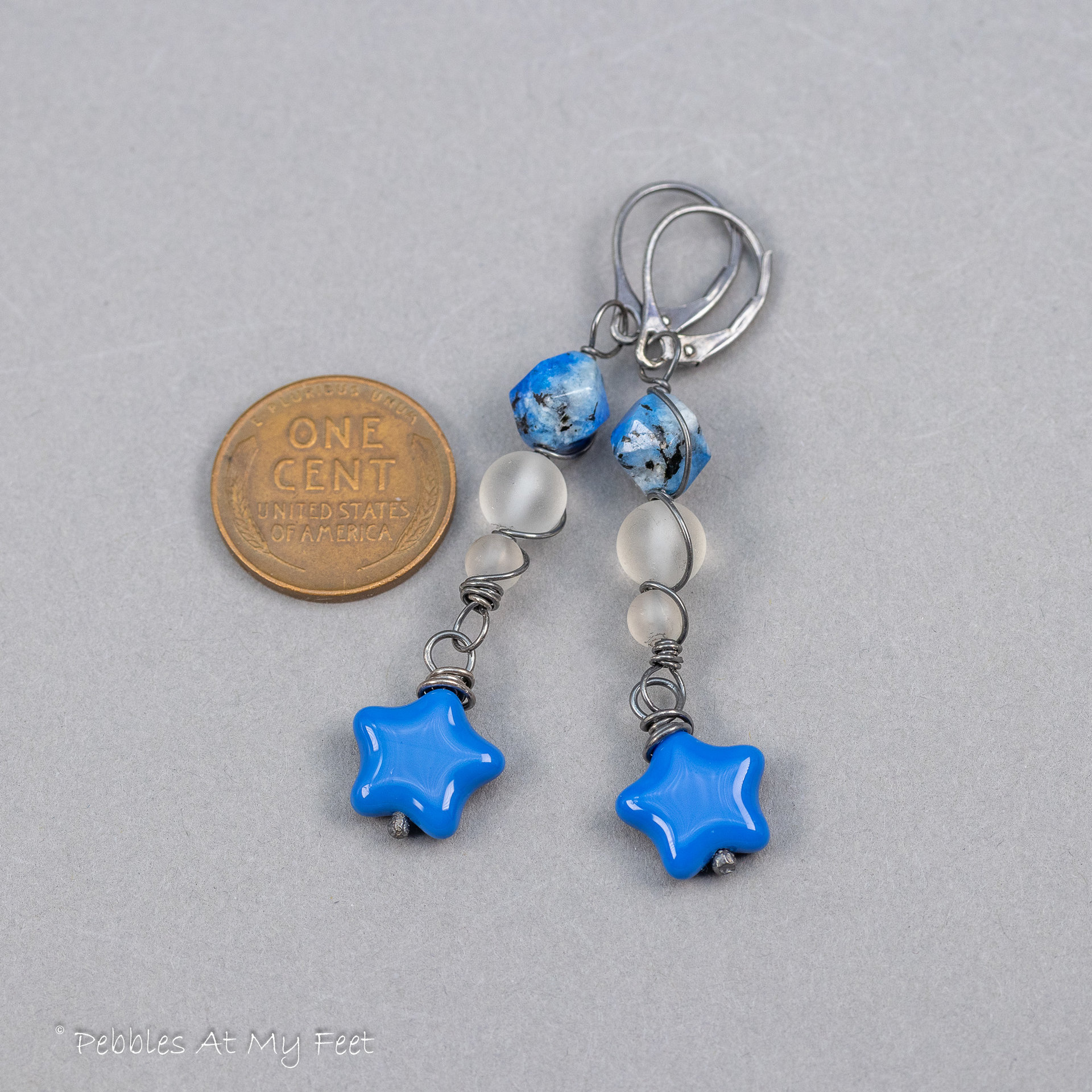 Blue Star Earrings with Glass Stars, K2 Stone, and Rock Crystal Quartz