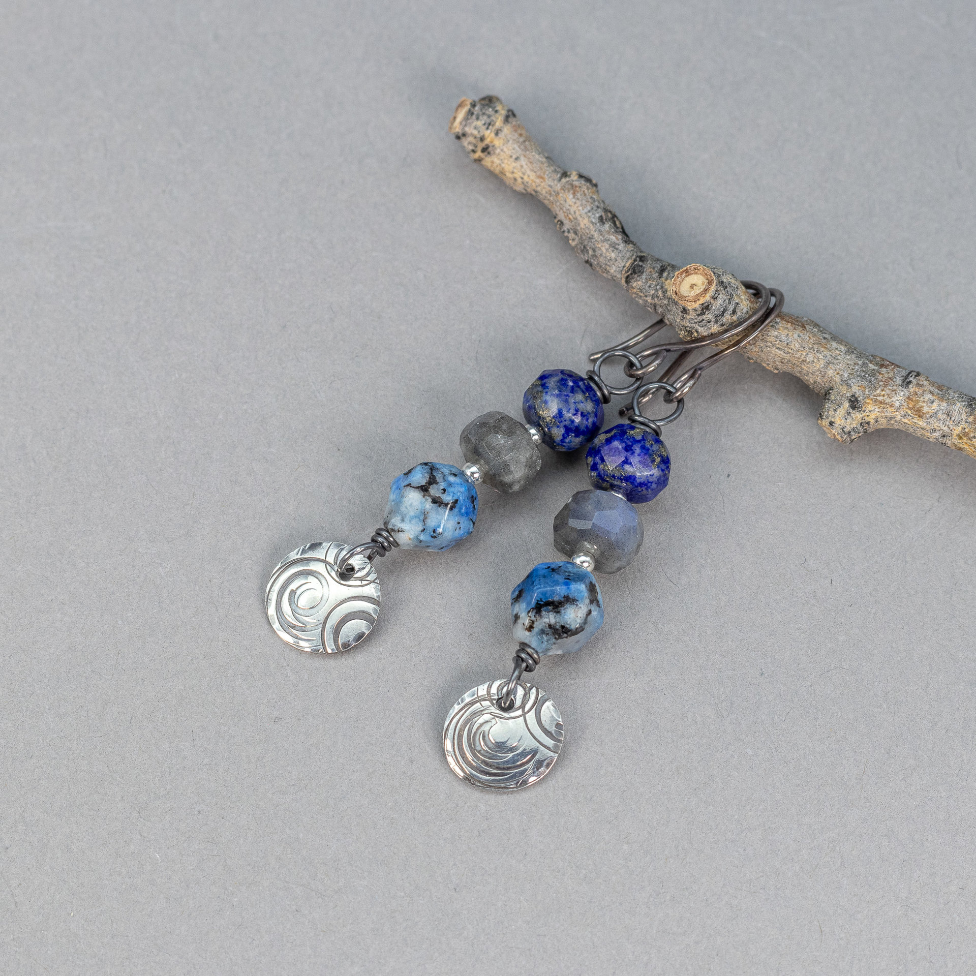Blue Stone Earrings with Handcrafted Dangling Sterling Silver Charms