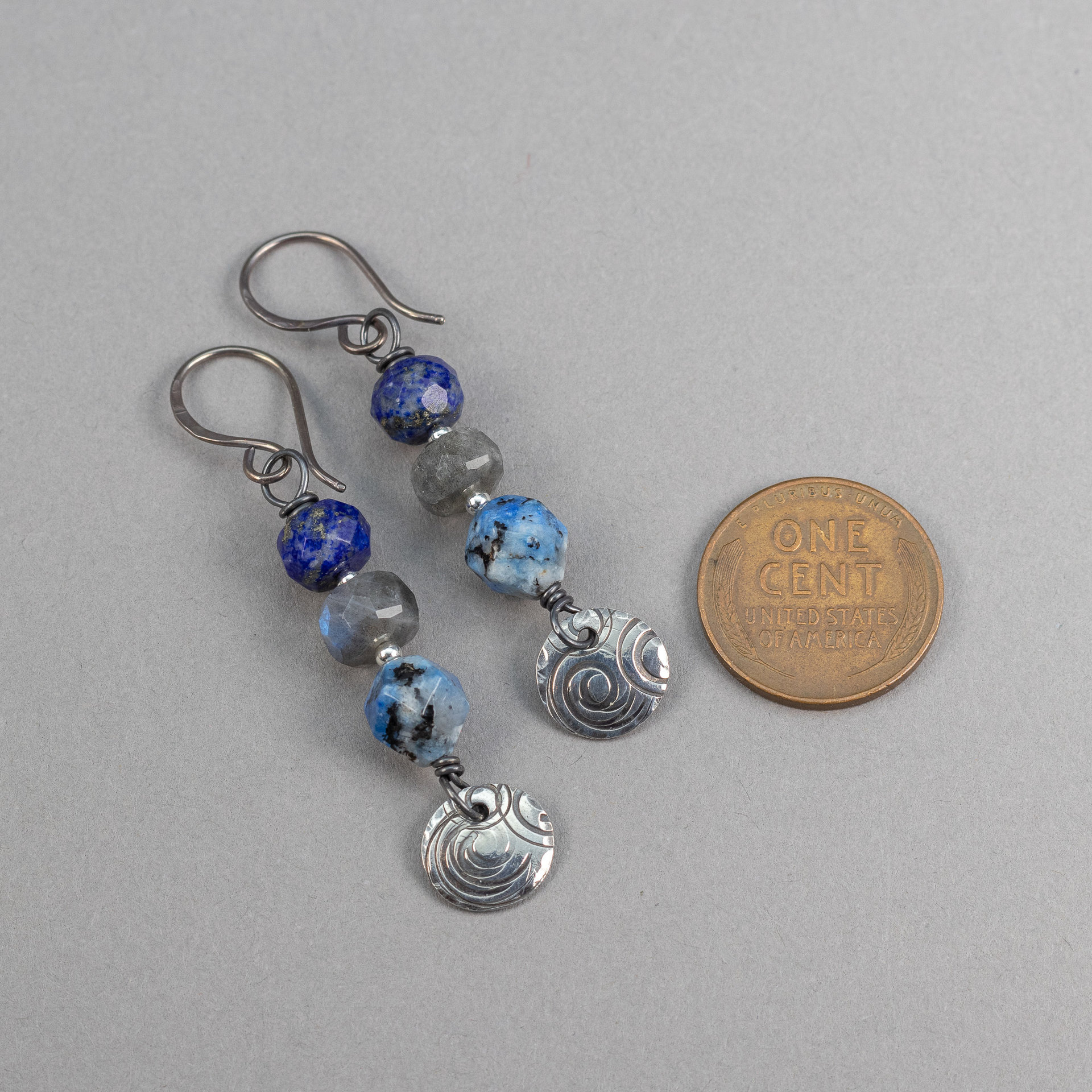 Blue Stone Earrings with Handcrafted Dangling Sterling Silver Charms