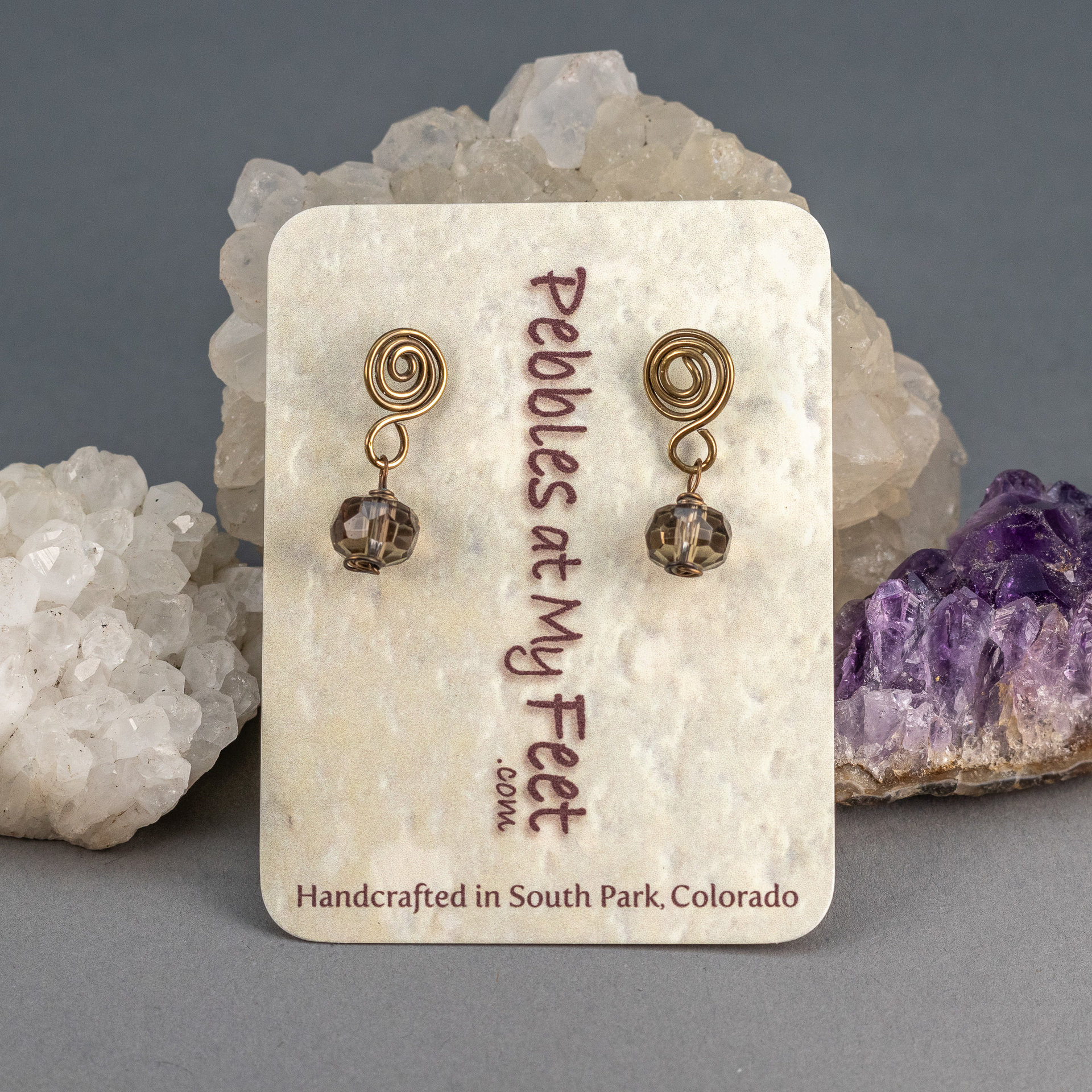 Brass Spiral Post Earrings with Smoky Quartz Drop