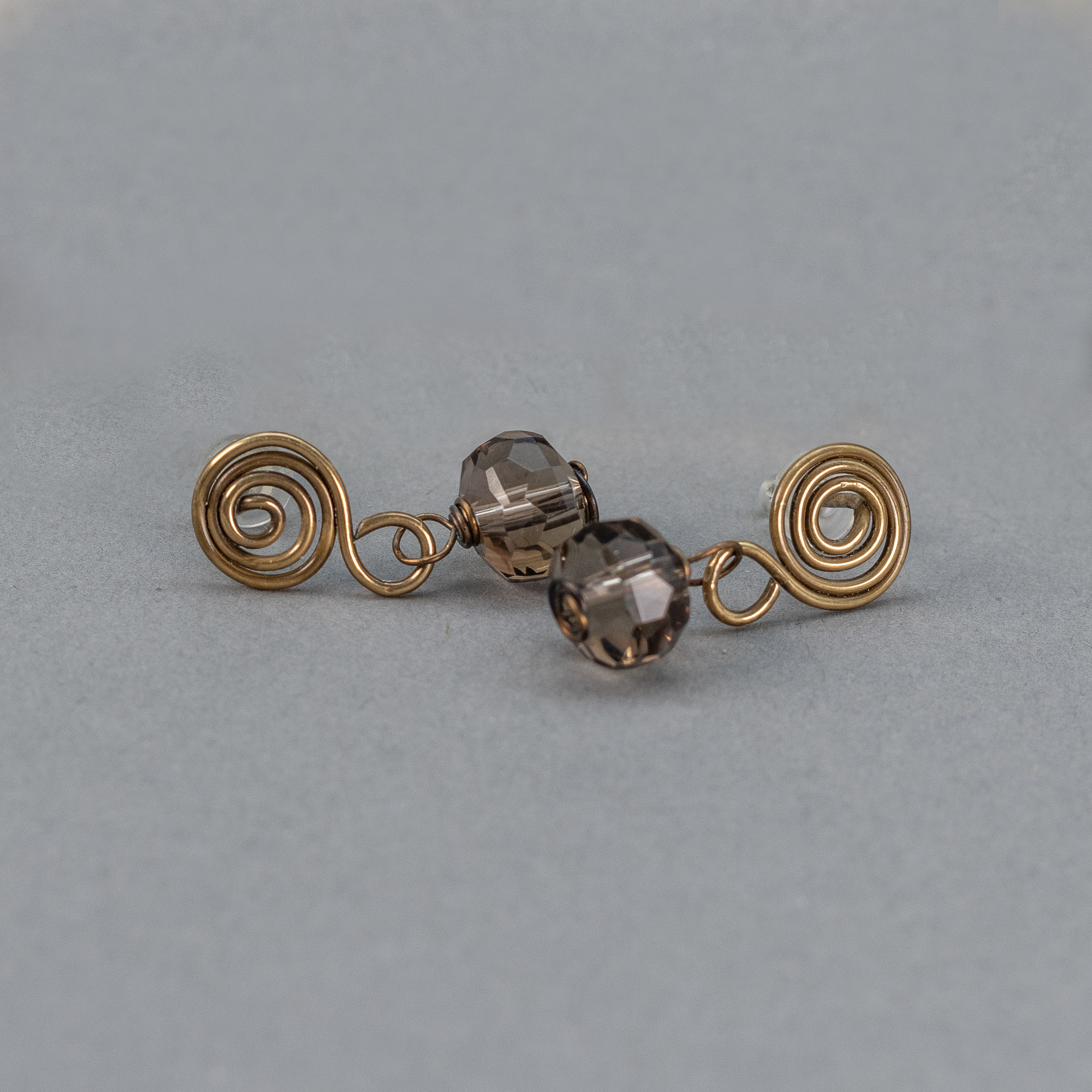 Brass Spiral Post Earrings with Smoky Quartz Drop