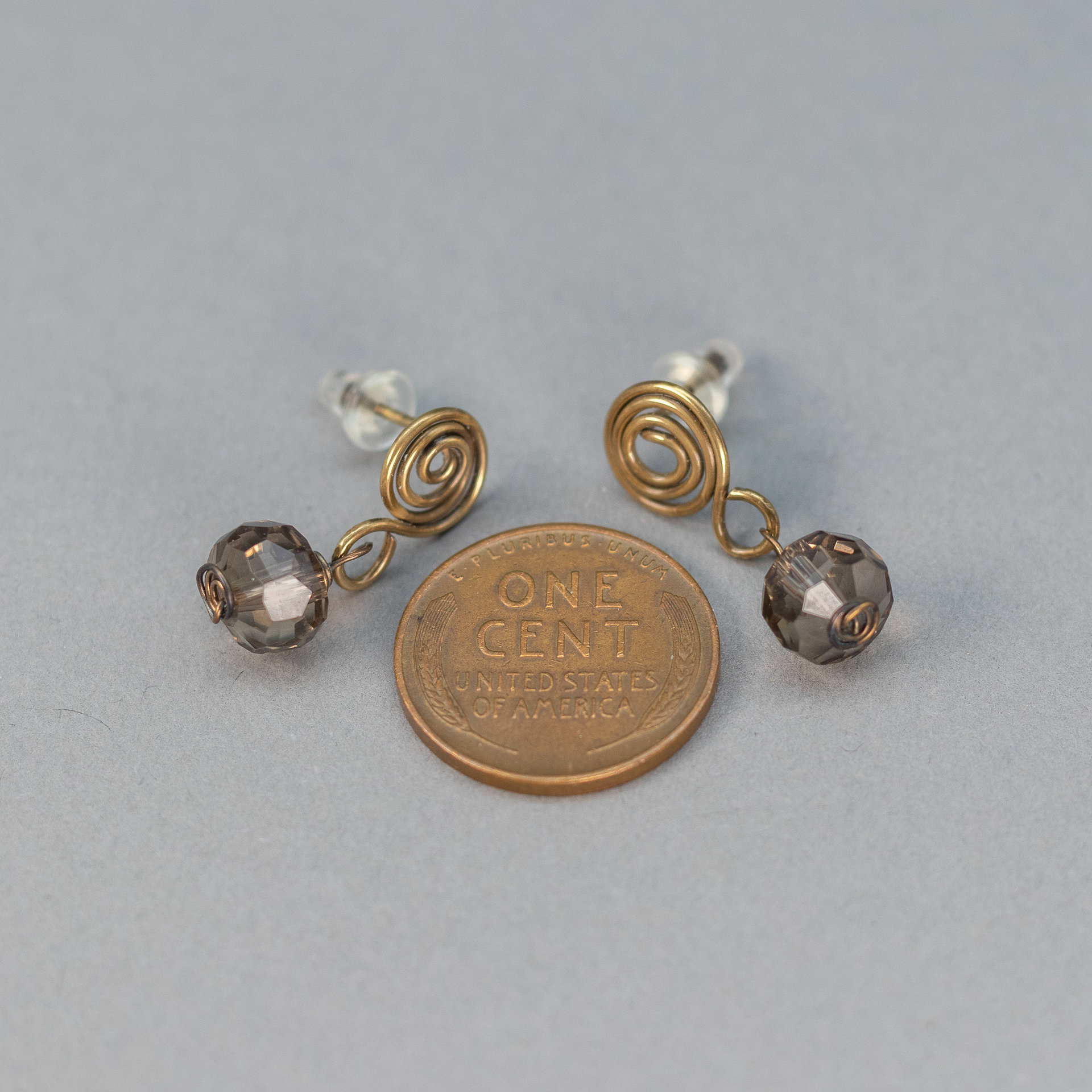 Brass Spiral Post Earrings with Smoky Quartz Drop