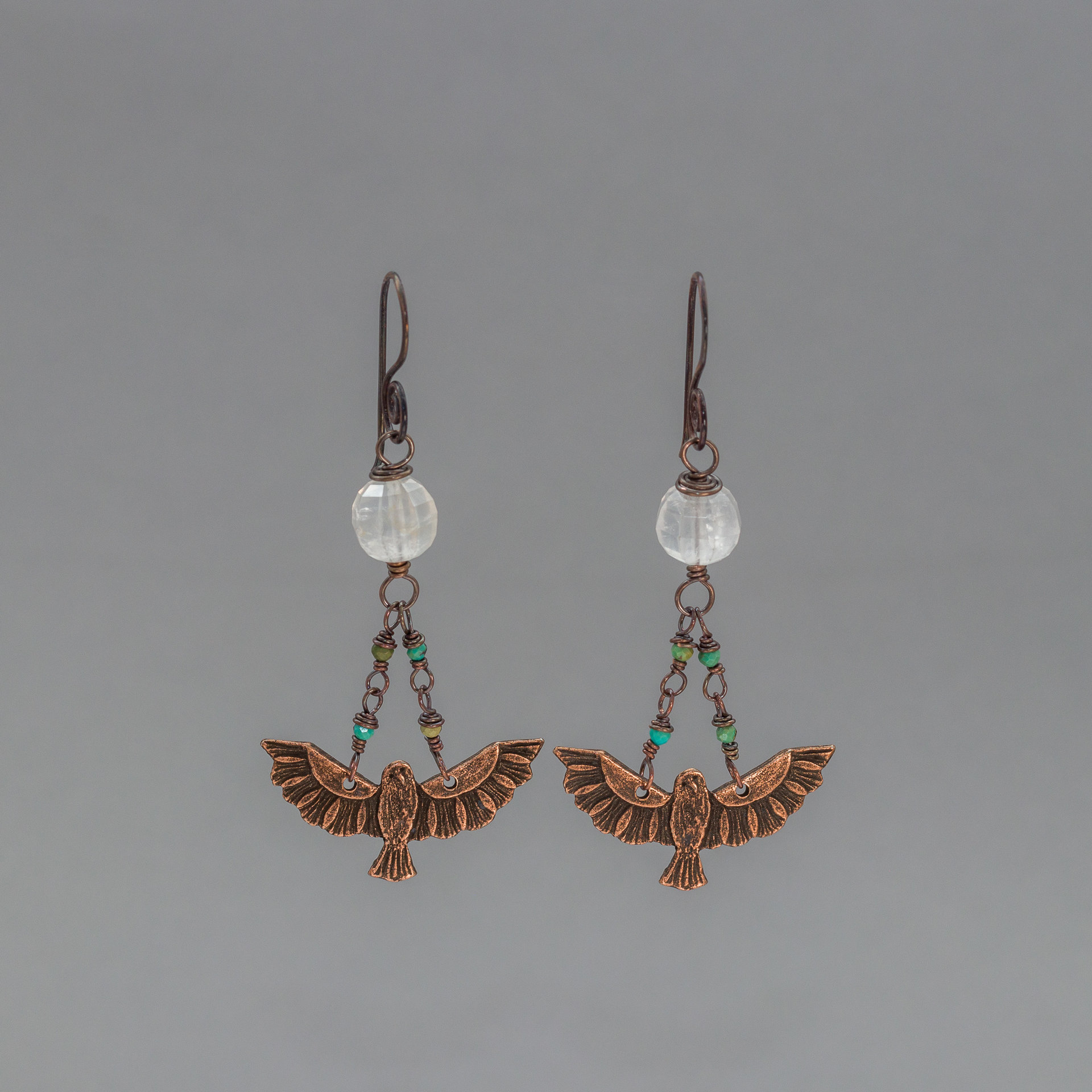 Flying Bird Dangle Earrings with Turquoise and Golden Quartz