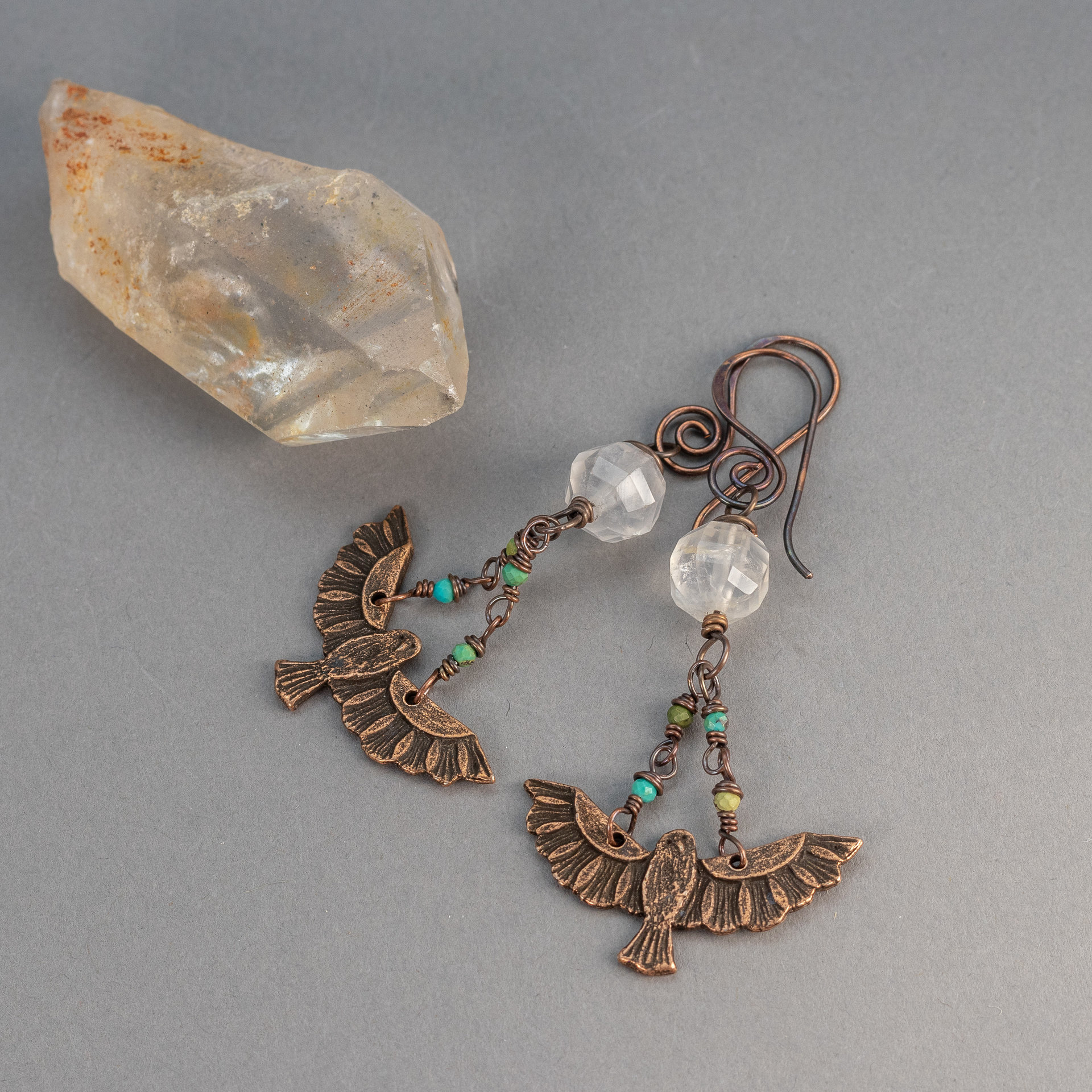 Flying Bird Dangle Earrings with Turquoise and Golden Quartz