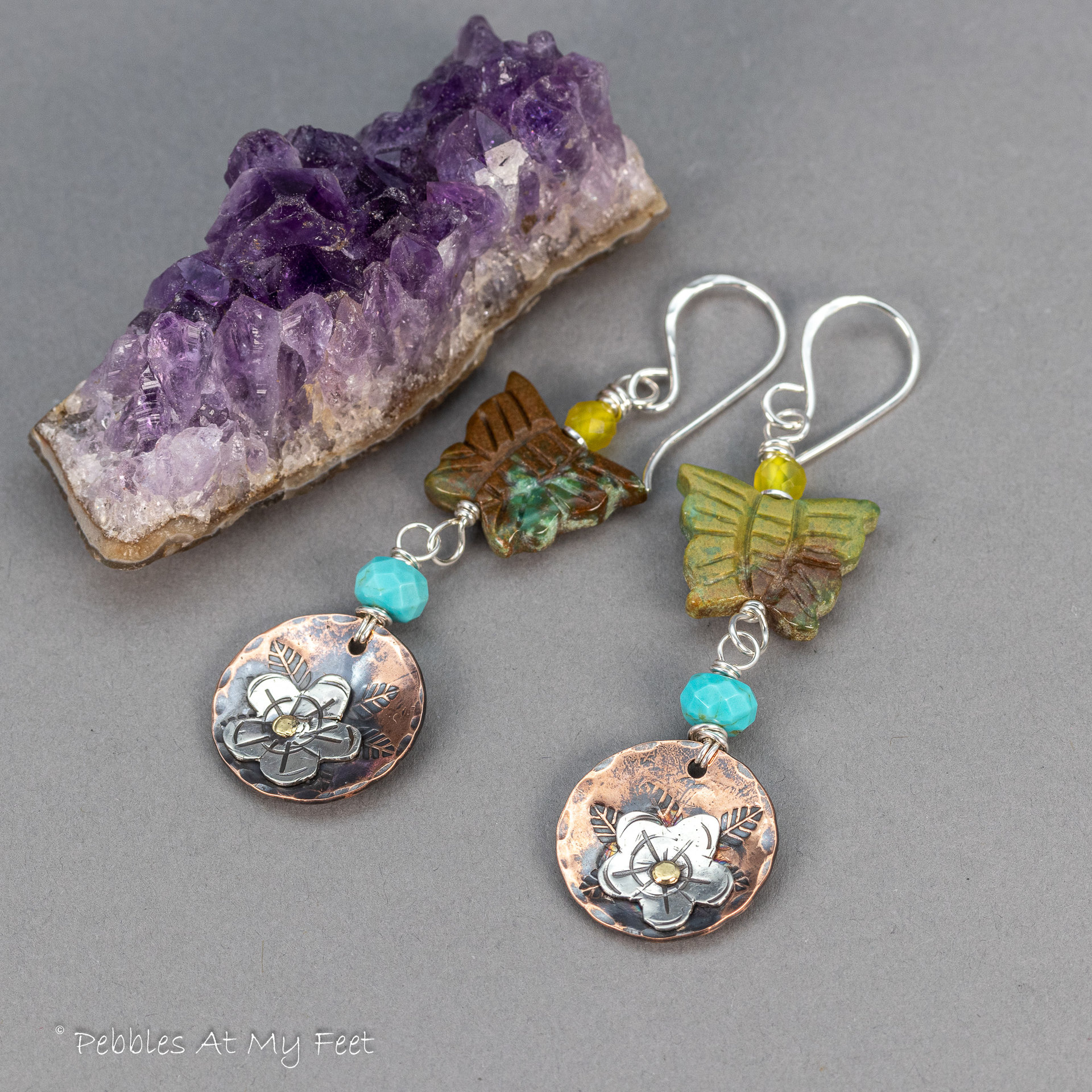 Turquoise Butterfly Earrings with Handcrafted Mixed Metal Charms