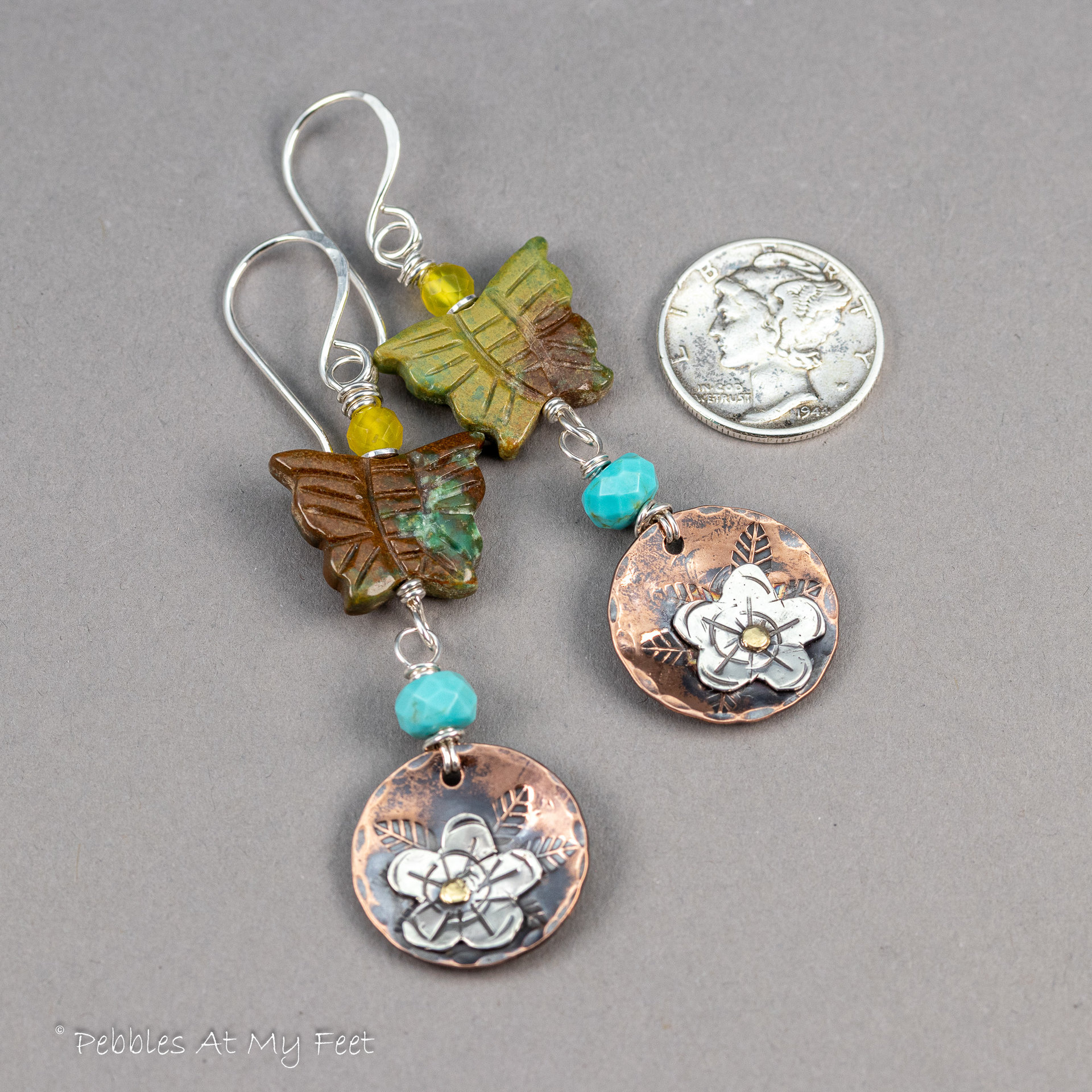 Turquoise Butterfly Earrings with Handcrafted Mixed Metal Charms