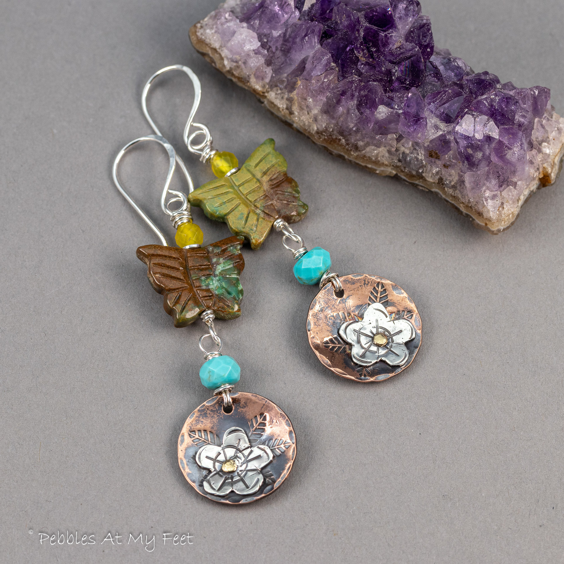 Turquoise Butterfly Earrings with Handcrafted Mixed Metal Charms