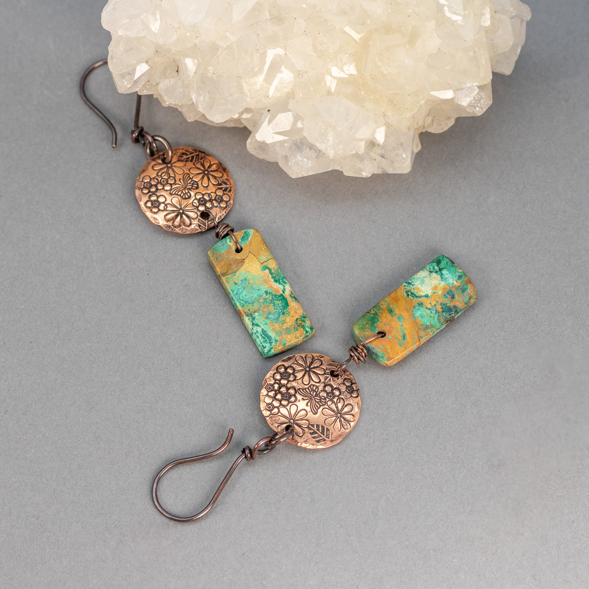 Chrysocolla Dangle Earrings, Handcrafted Copper Wildflower Earrings with Green Brown Stones