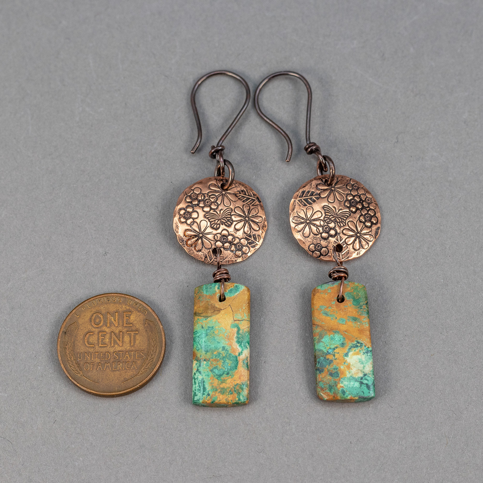 Chrysocolla Dangle Earrings, Handcrafted Copper Wildflower Earrings with Green Brown Stones