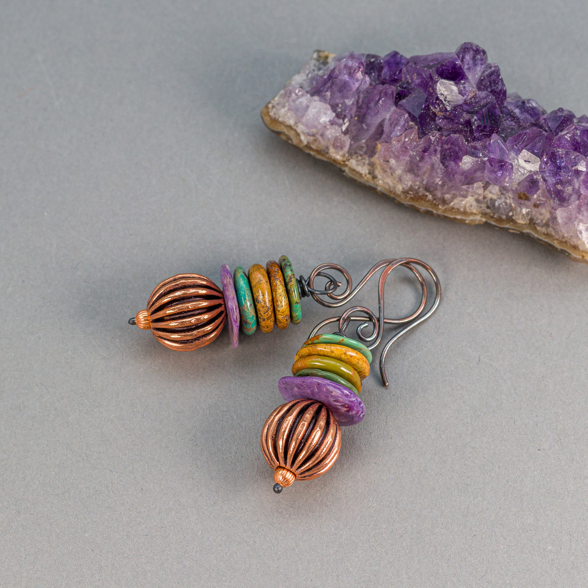 Chunky Copper and Natural Stone Beaded Earrings, Turquoise and Charoite Earrings