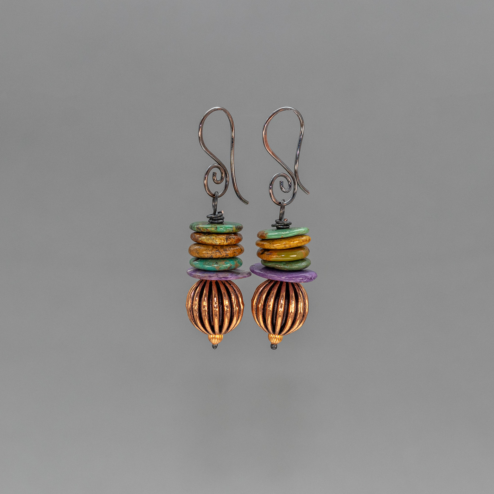 Chunky Copper and Natural Stone Beaded Earrings, Turquoise and Charoite Earrings