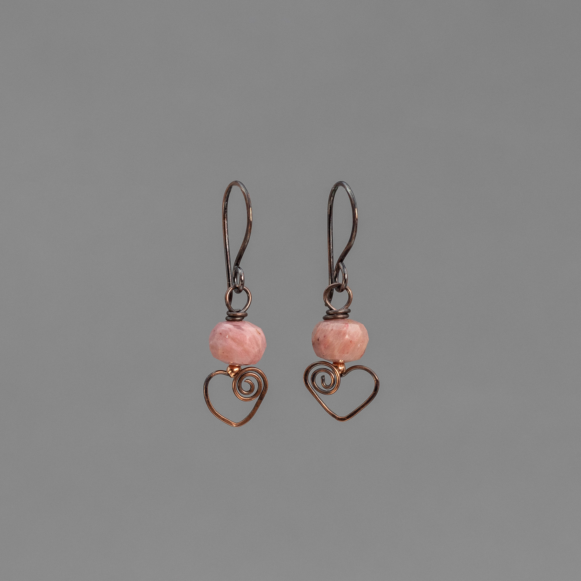 Pink Stone Copper Heart Small Dangle Earrings