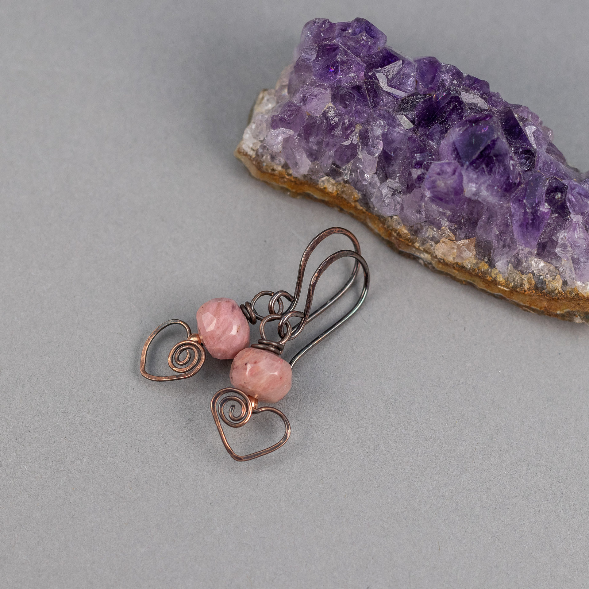 Pink Stone Copper Heart Small Dangle Earrings