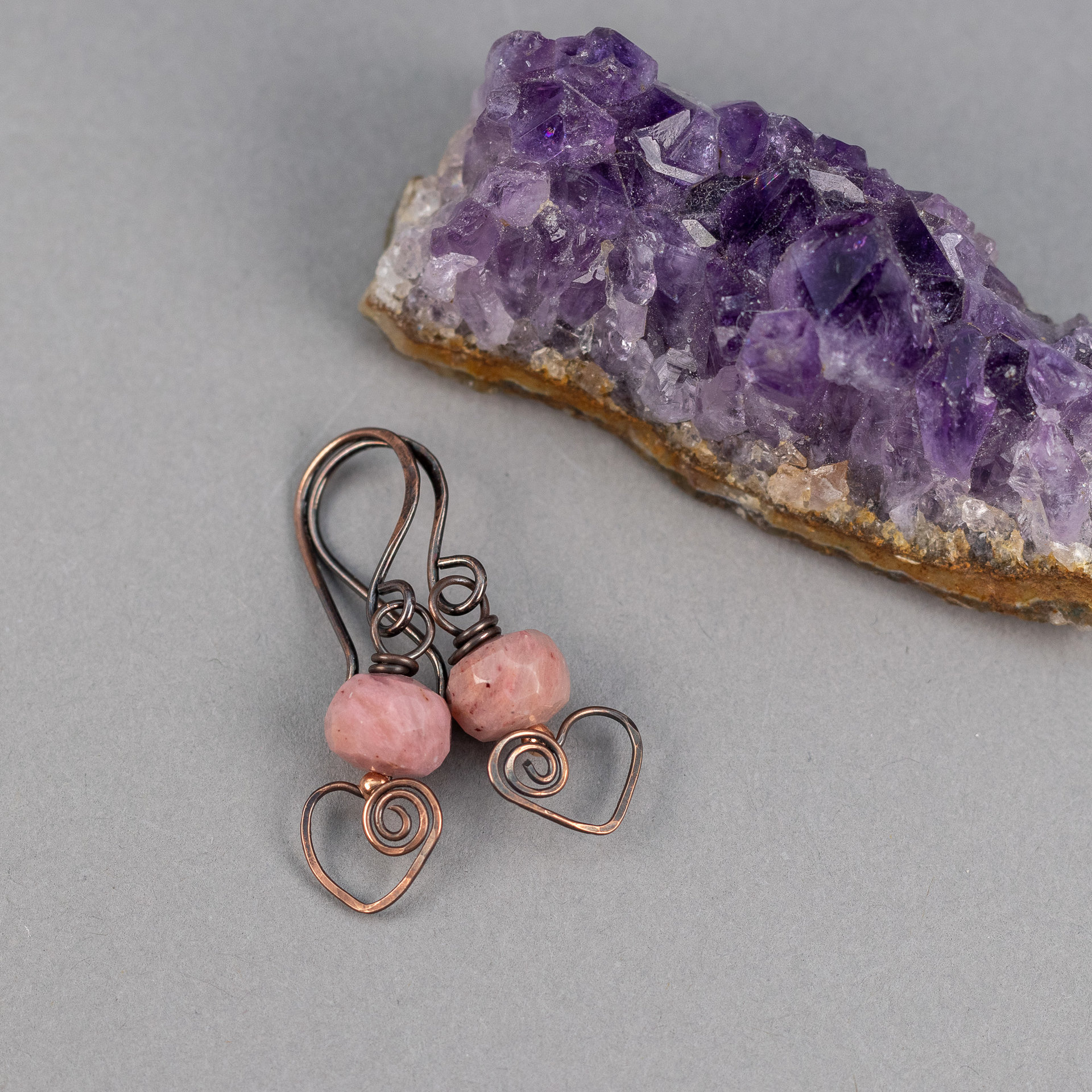 Pink Stone Copper Heart Small Dangle Earrings