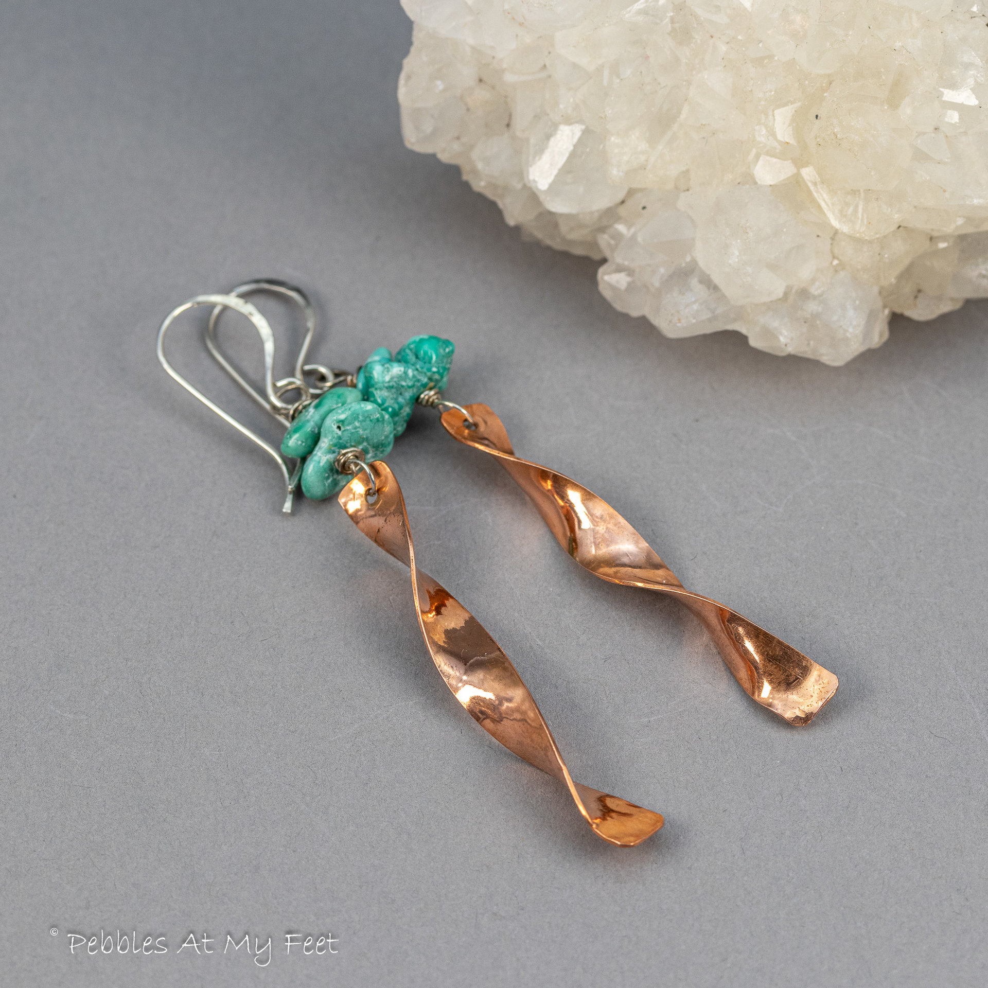 Copper "Windchime" Earrings with Turquoise Chips, Mixed Metal Sculptural Earrings