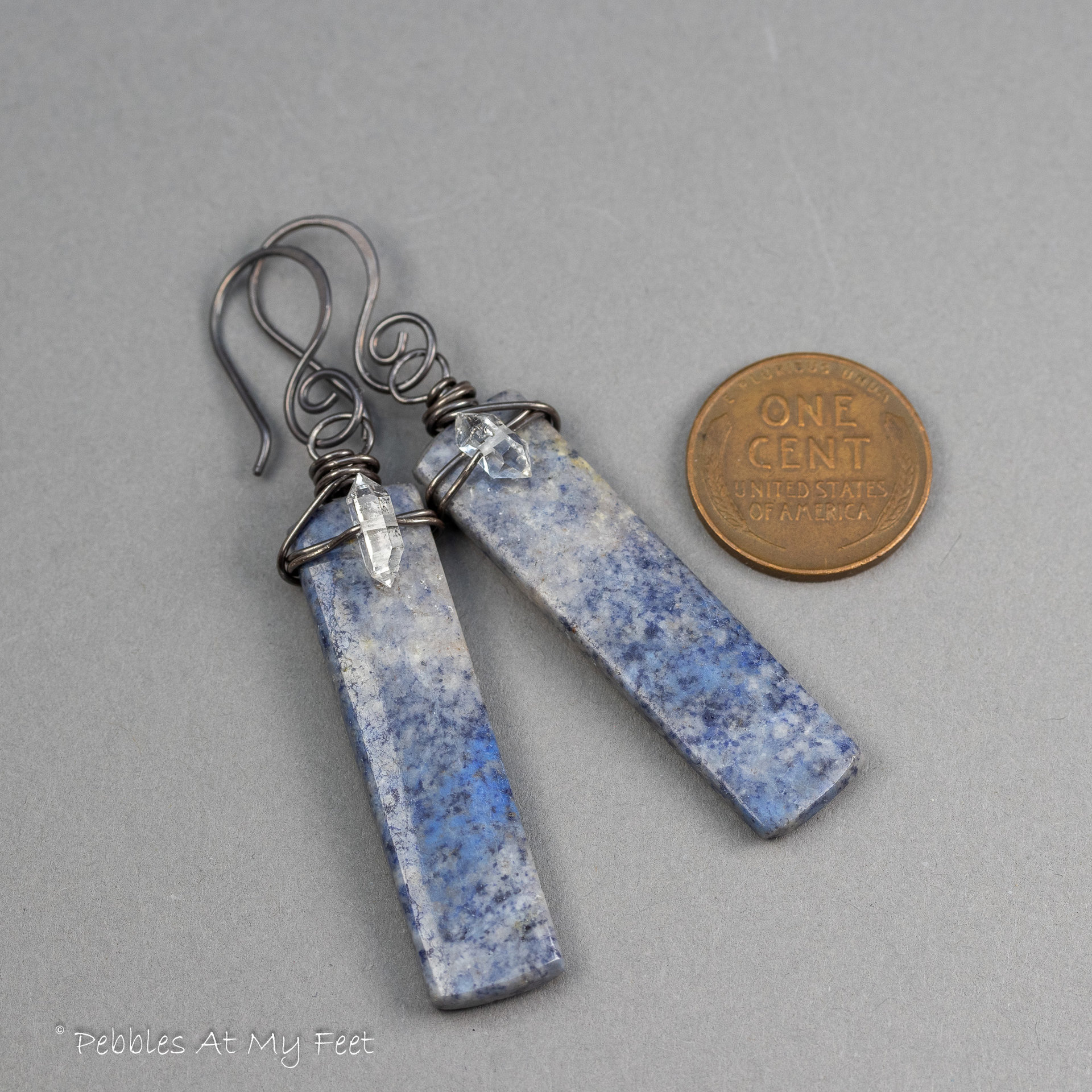 Dumortierite Slab Earrings, Blue Stone Earrings with Sparkling Herkimer Quartz Crystals