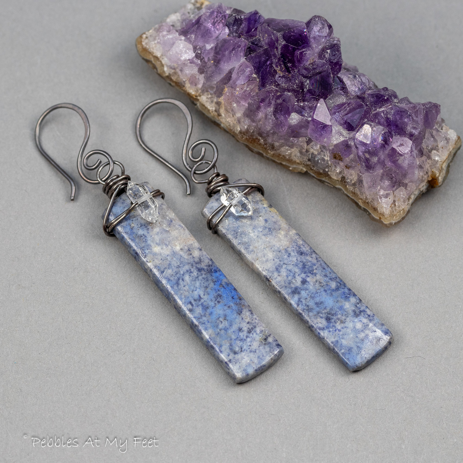 Dumortierite Slab Earrings, Blue Stone Earrings with Sparkling Herkimer Quartz Crystals