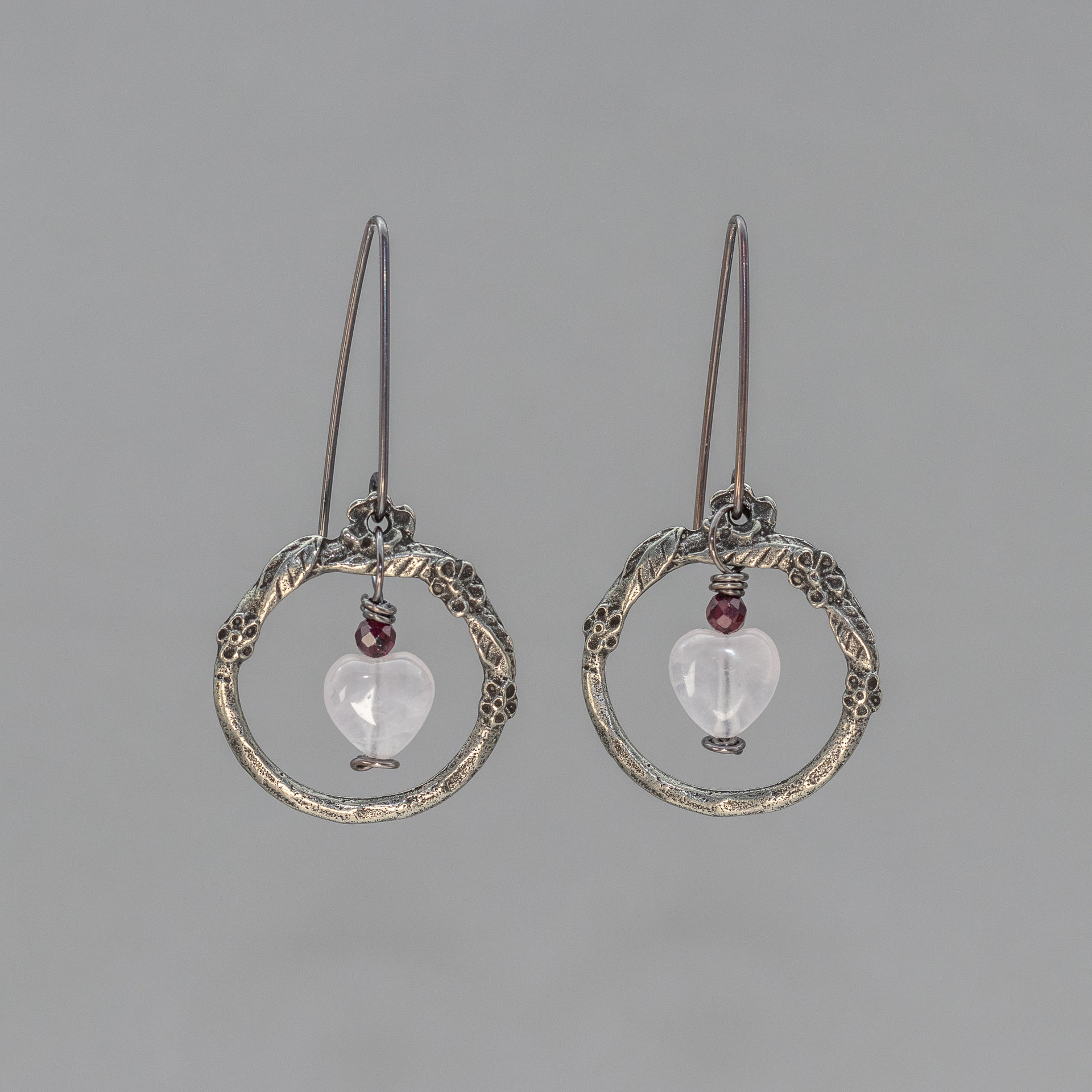 Vintage Style Earrings in Hearts and Flowers Theme, Rose Quartz and Garnet Earrings