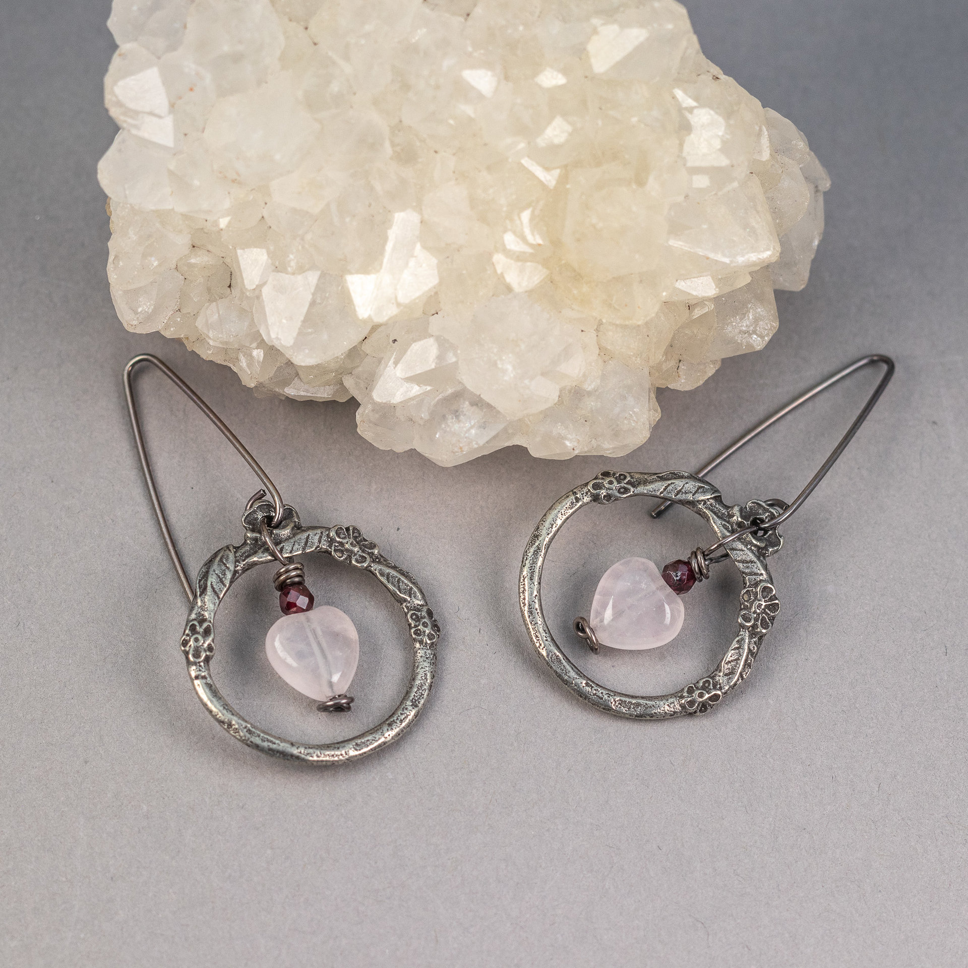 Vintage Style Earrings in Hearts and Flowers Theme, Rose Quartz and Garnet Earrings