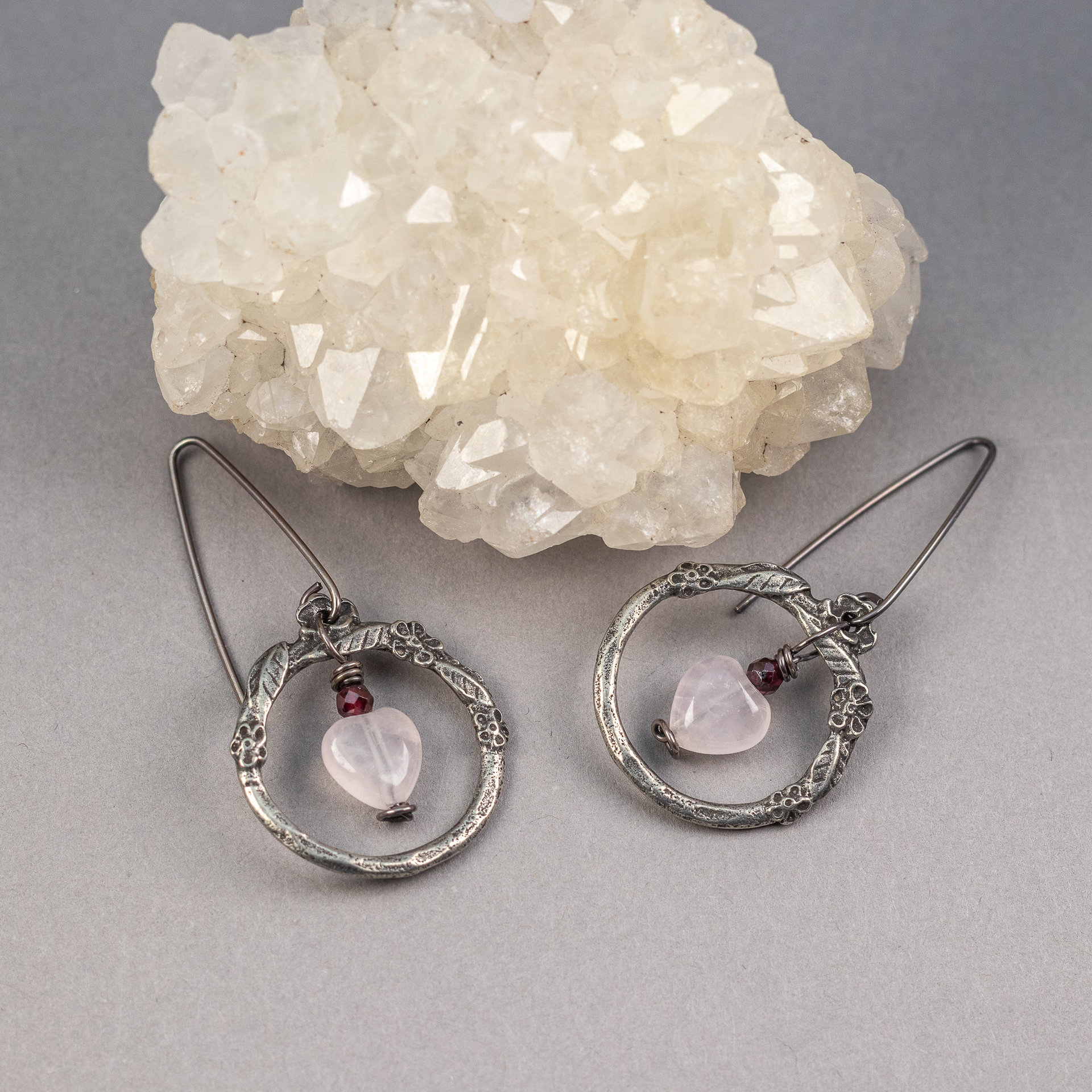 Vintage Style Earrings in Hearts and Flowers Theme, Rose Quartz and Garnet Earrings