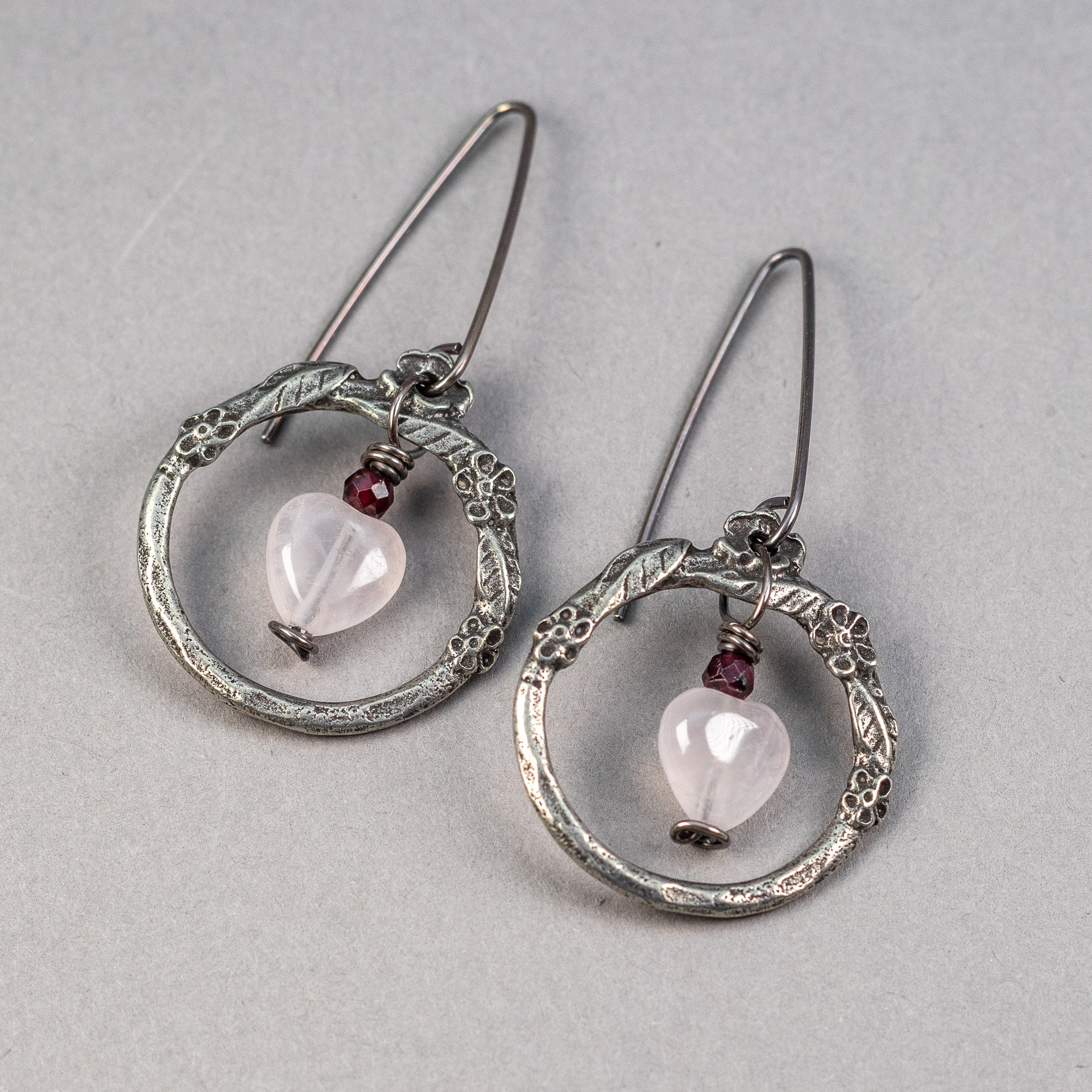 Vintage Style Earrings in Hearts and Flowers Theme, Rose Quartz and Garnet Earrings