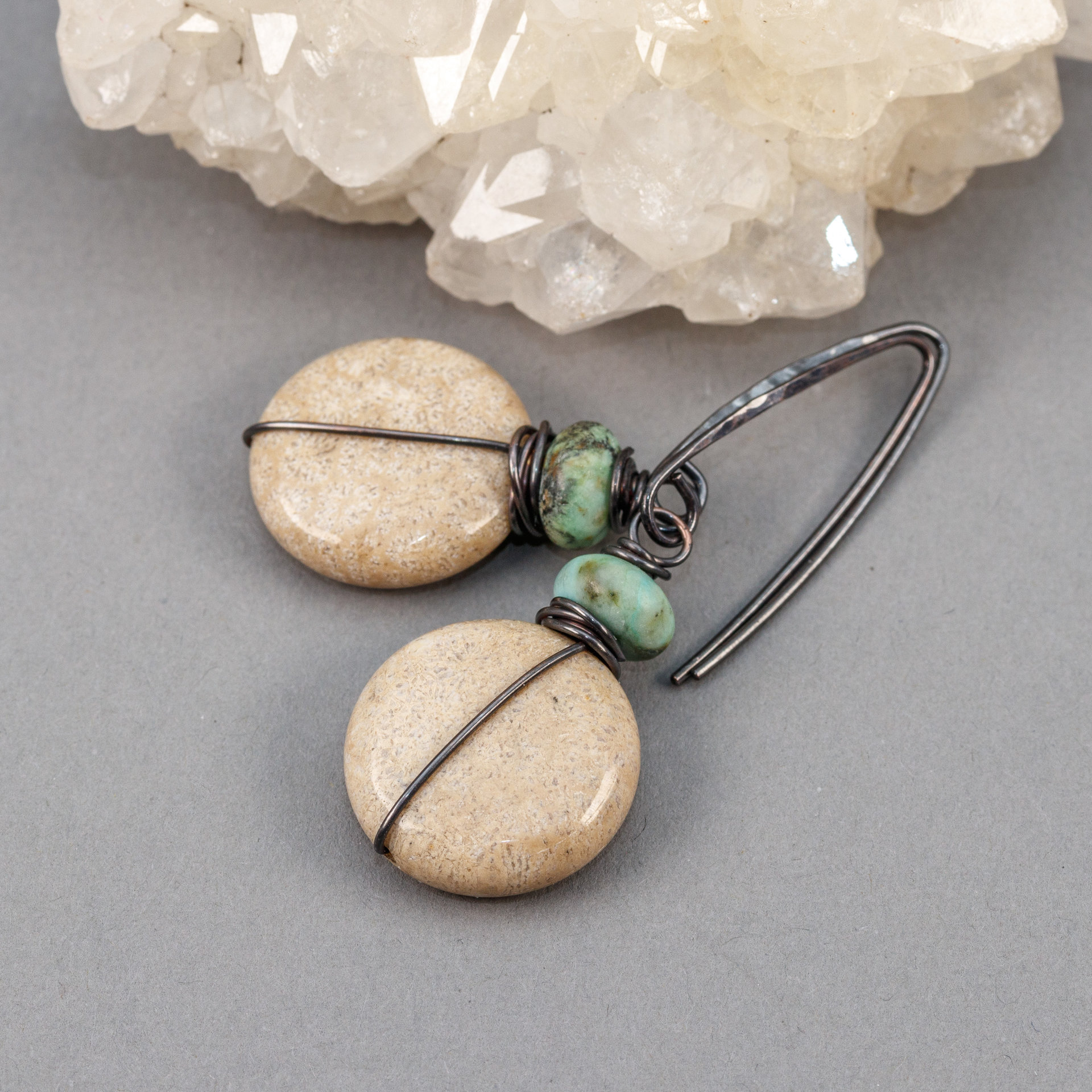 Tan Fossil Coral Stone Earrings in Copper